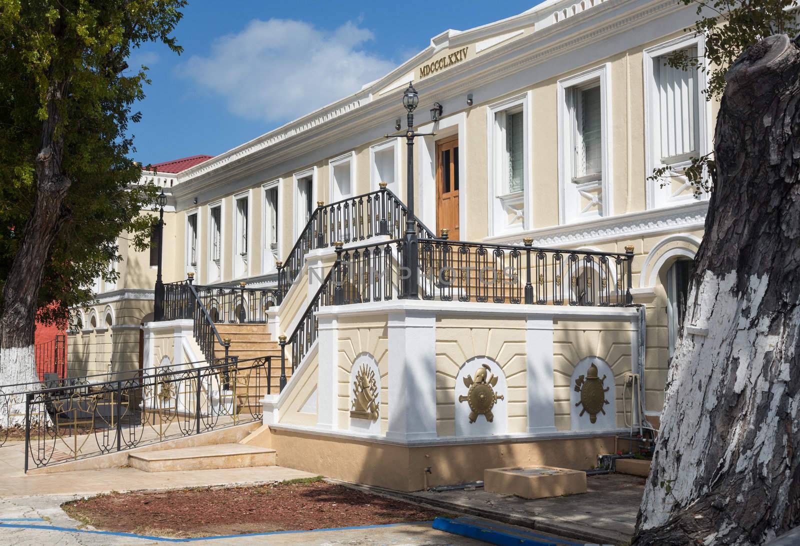Ornate entrance to Legislature of US Virgin Islands in Charlotte Amalie, which governs the US Virgin Islands