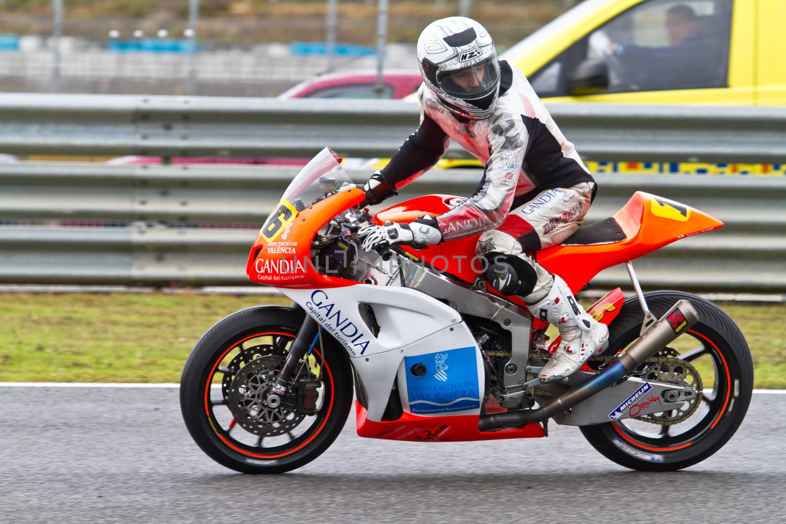 JEREZ DE LA FRONTERA, SPAIN - NOV 19: Moto2 motorcyclist Oscar Climent races in the CEV Championship race on November 19, 2011 in Jerez de la Frontera, Spain.