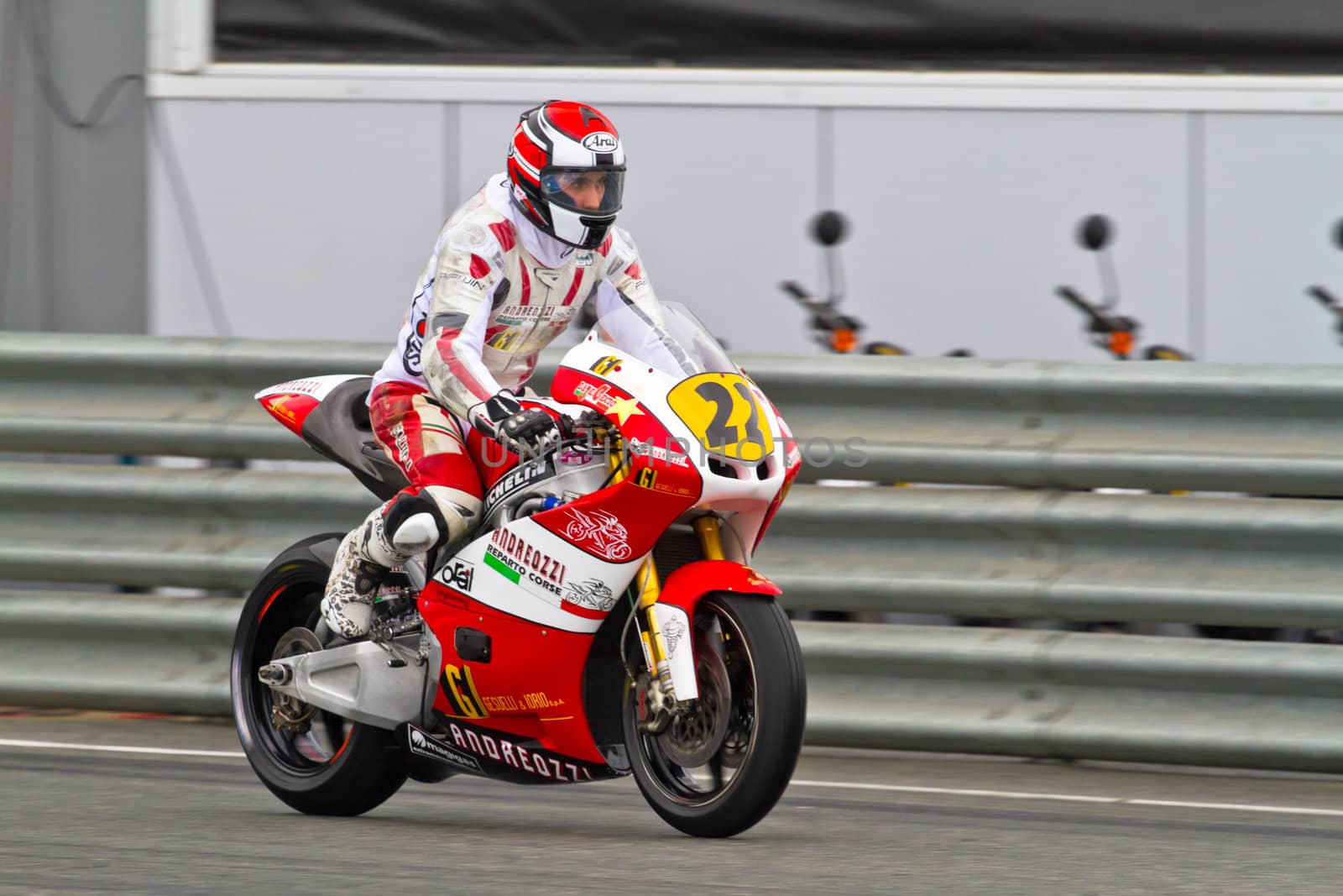 JEREZ DE LA FRONTERA, SPAIN - NOV 20: Moto2 motorcyclist Alessandro Andreozzi races in the CEV Championship race on November 20, 2011 in Jerez de la Frontera, Spain.