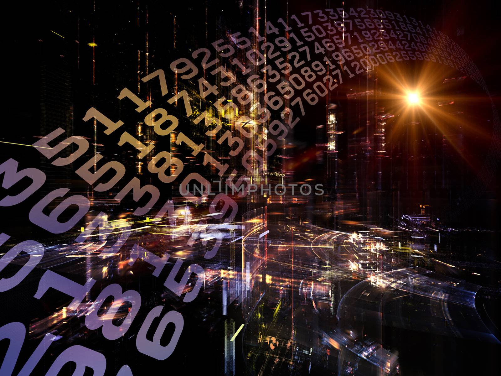 Digital Perspectives series. Arrangement of numbers, light grids and fractal elements on the subject of business, science, education and technology