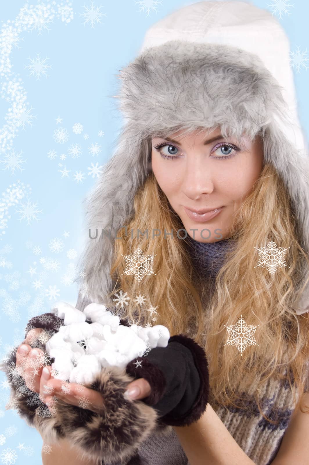 Woman in winter hat and gloves with snowflakes by Angel_a