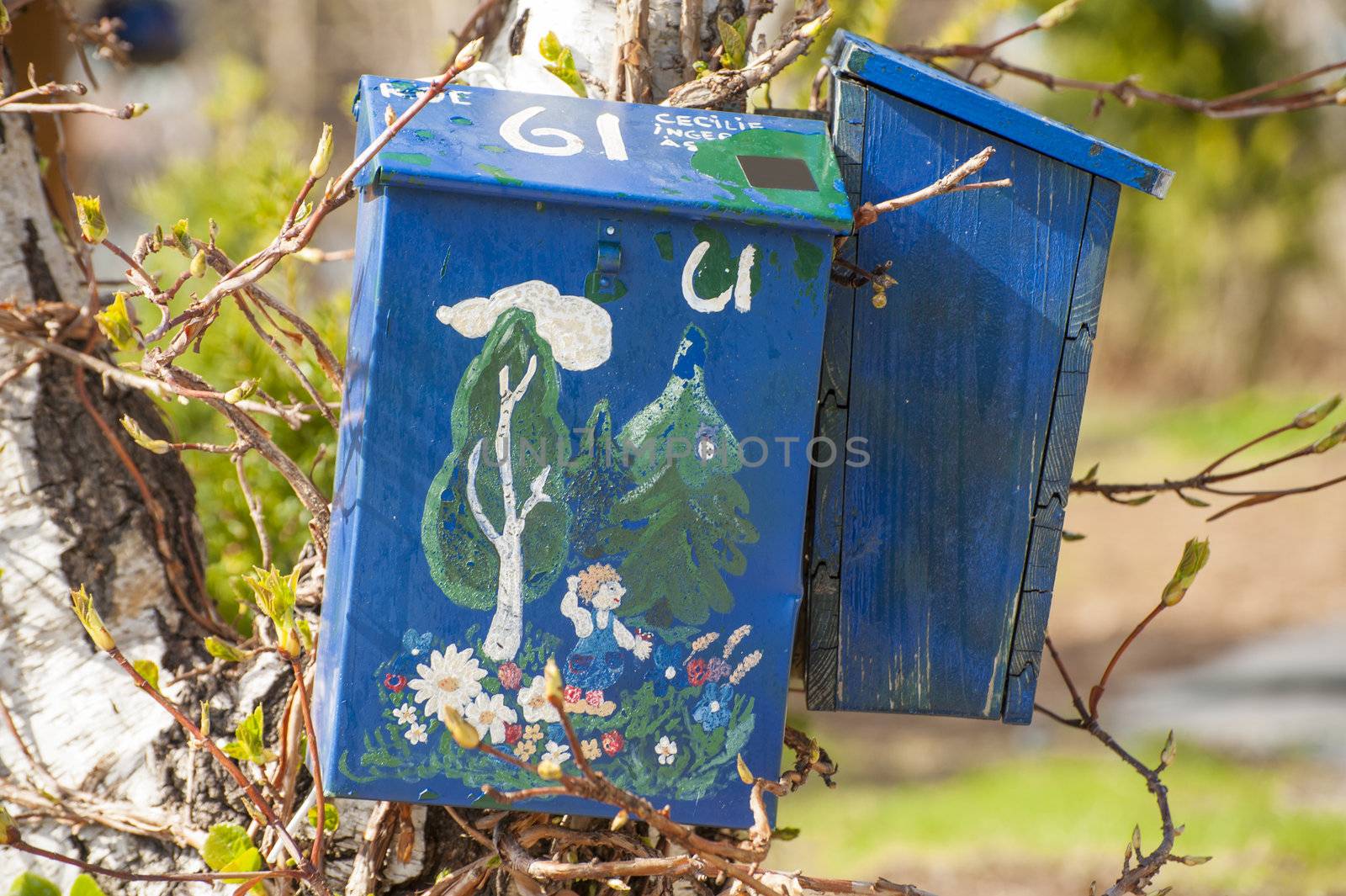 Two wooden mailboxes decorated by drawings. Taken in Norway.