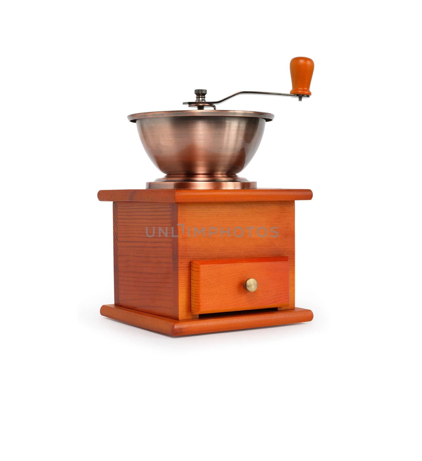 Nice vintage manual coffee grinder on white background. Isolated with clipping path