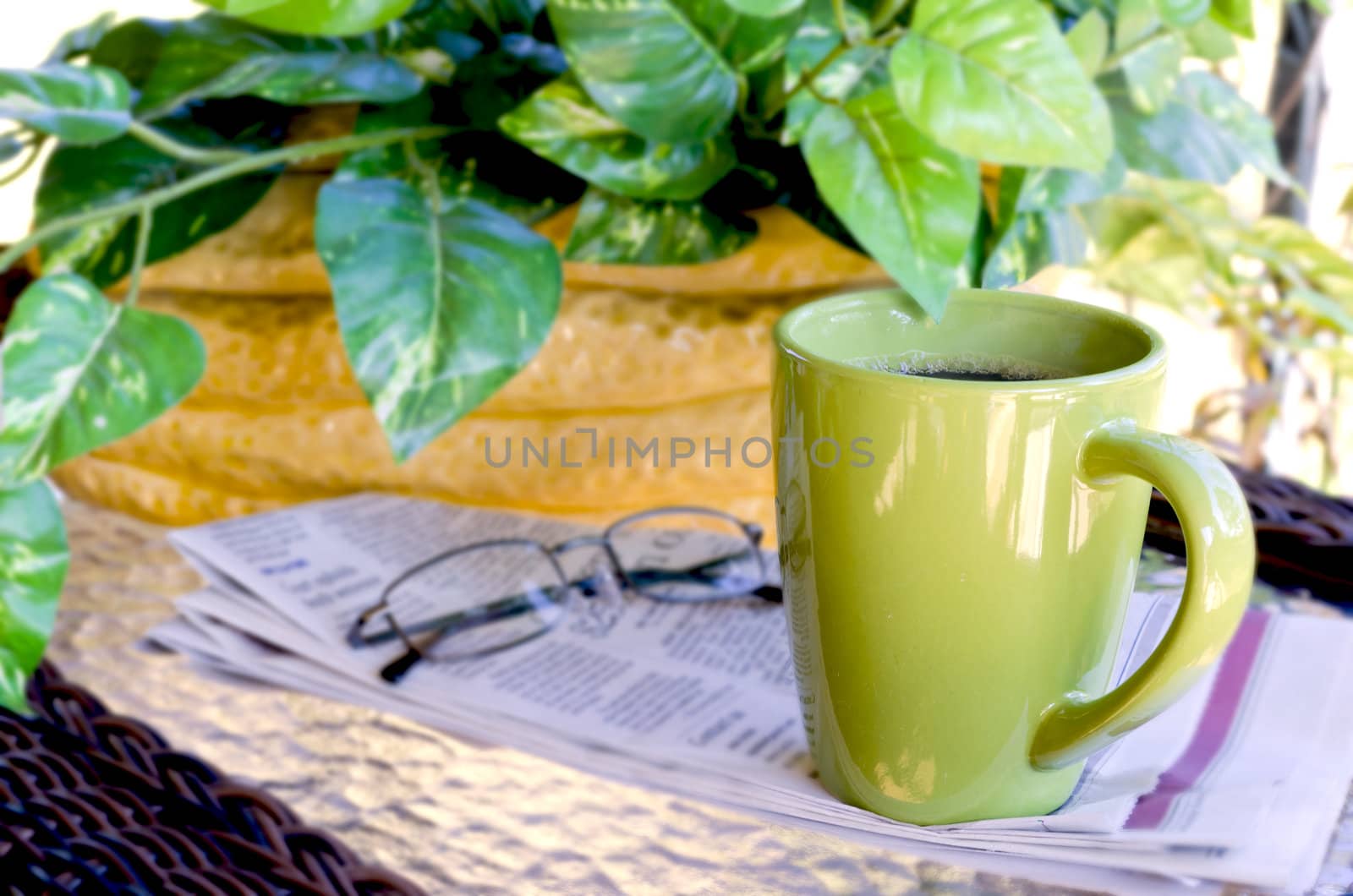 Morning coffee with newspaper and reading glasses.  Green plant in background.