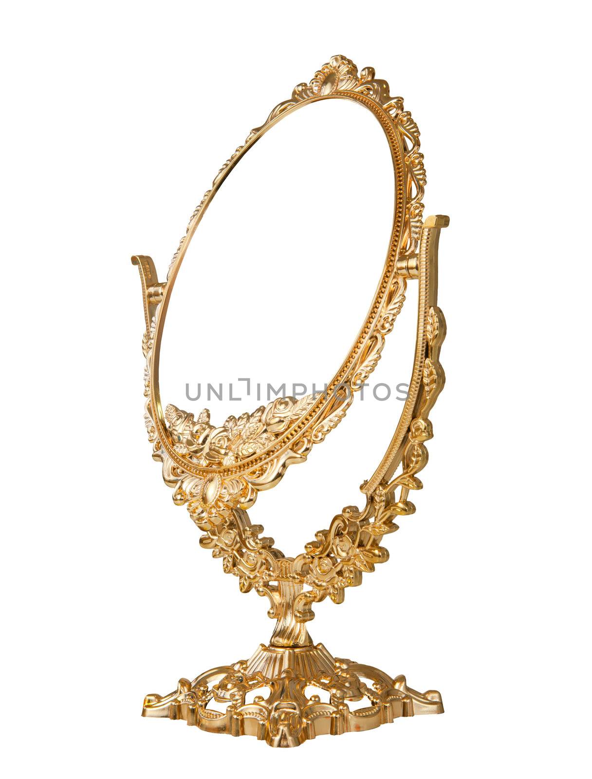 Antique baroque brass gold frame and mirror isolated on white background