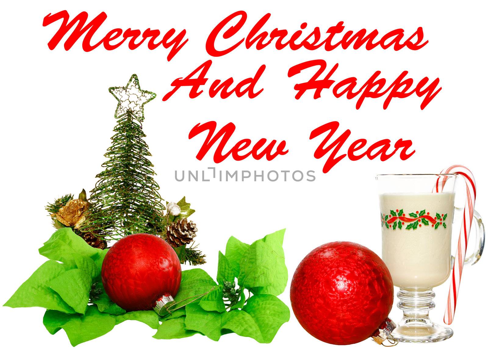 A Christmas design with a Christmas tree holly leaves and a red Christmas decoration ball on white.