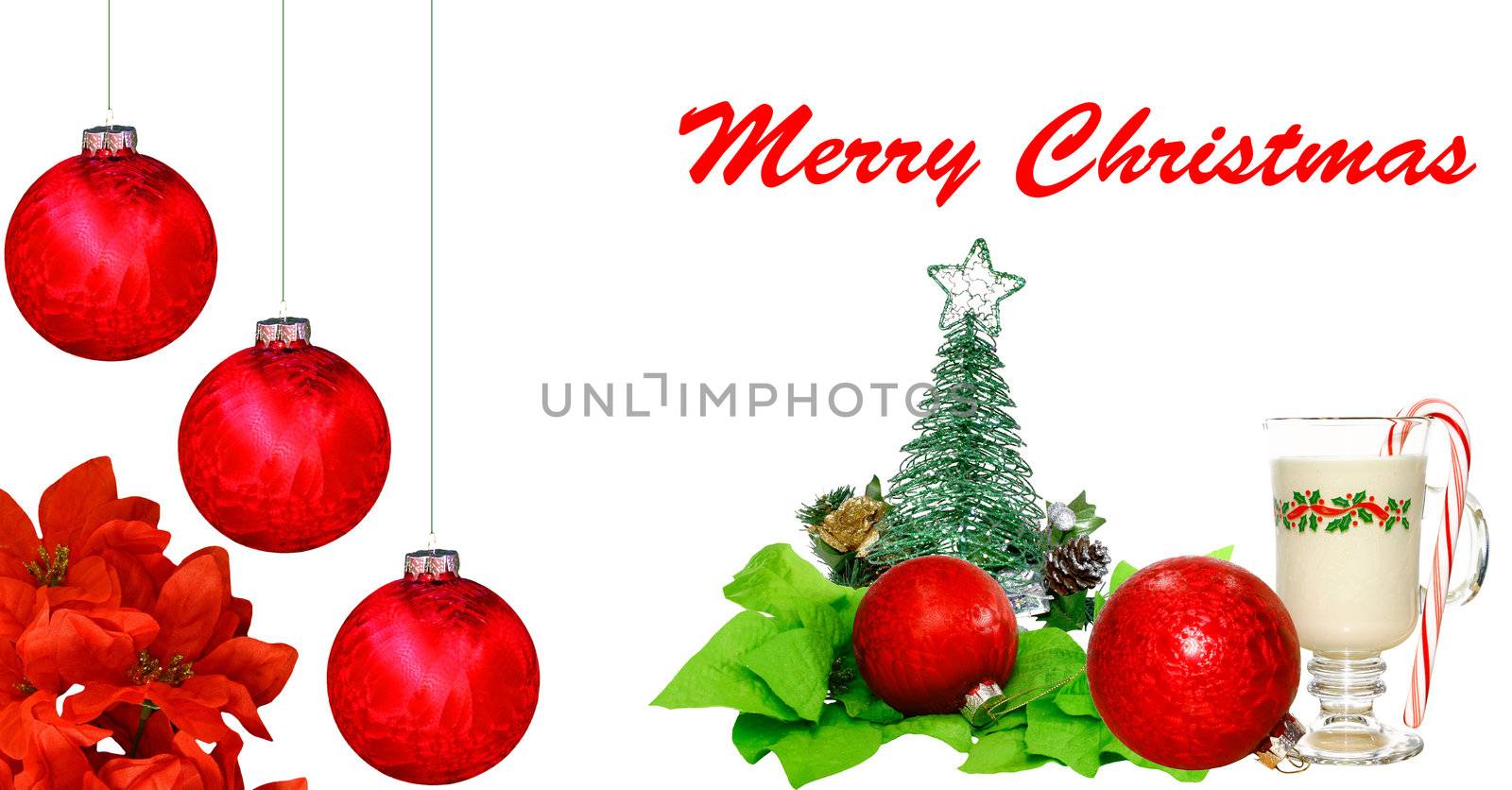 An arrangement of Christmas decorations on white with room for your text