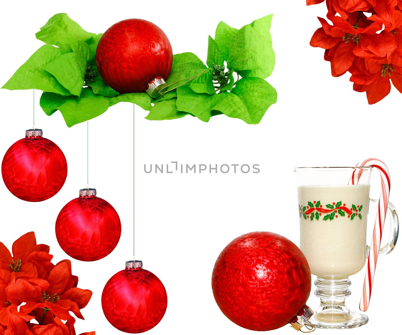 An arrangement of Christmas decorations on white with room for your text