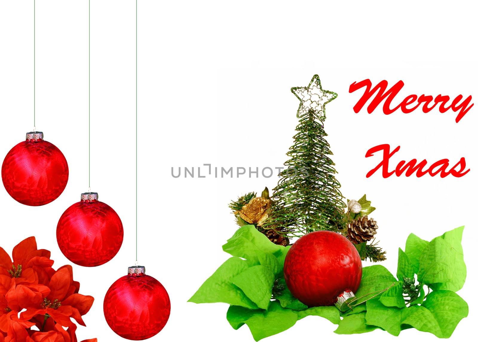 A Christmas design with red Christmas balls, poinsettia leaves, a Christmas tree and star a pine cone and a flower on white with room for your text
