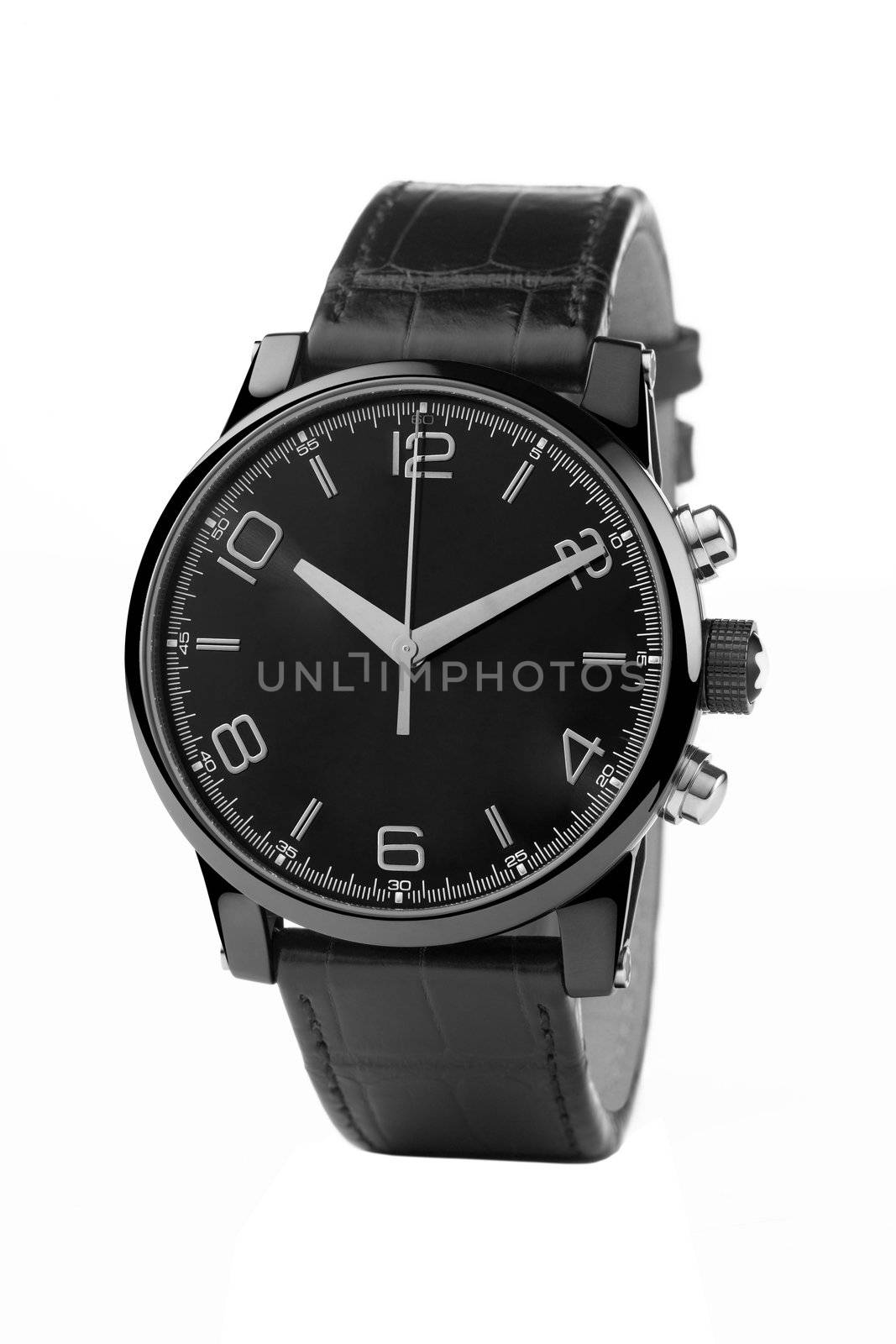 front view of luxury watch, black leather and silver