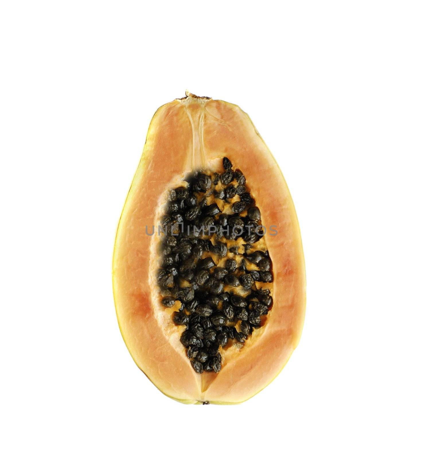 Papaya fruit sliced on half isolated