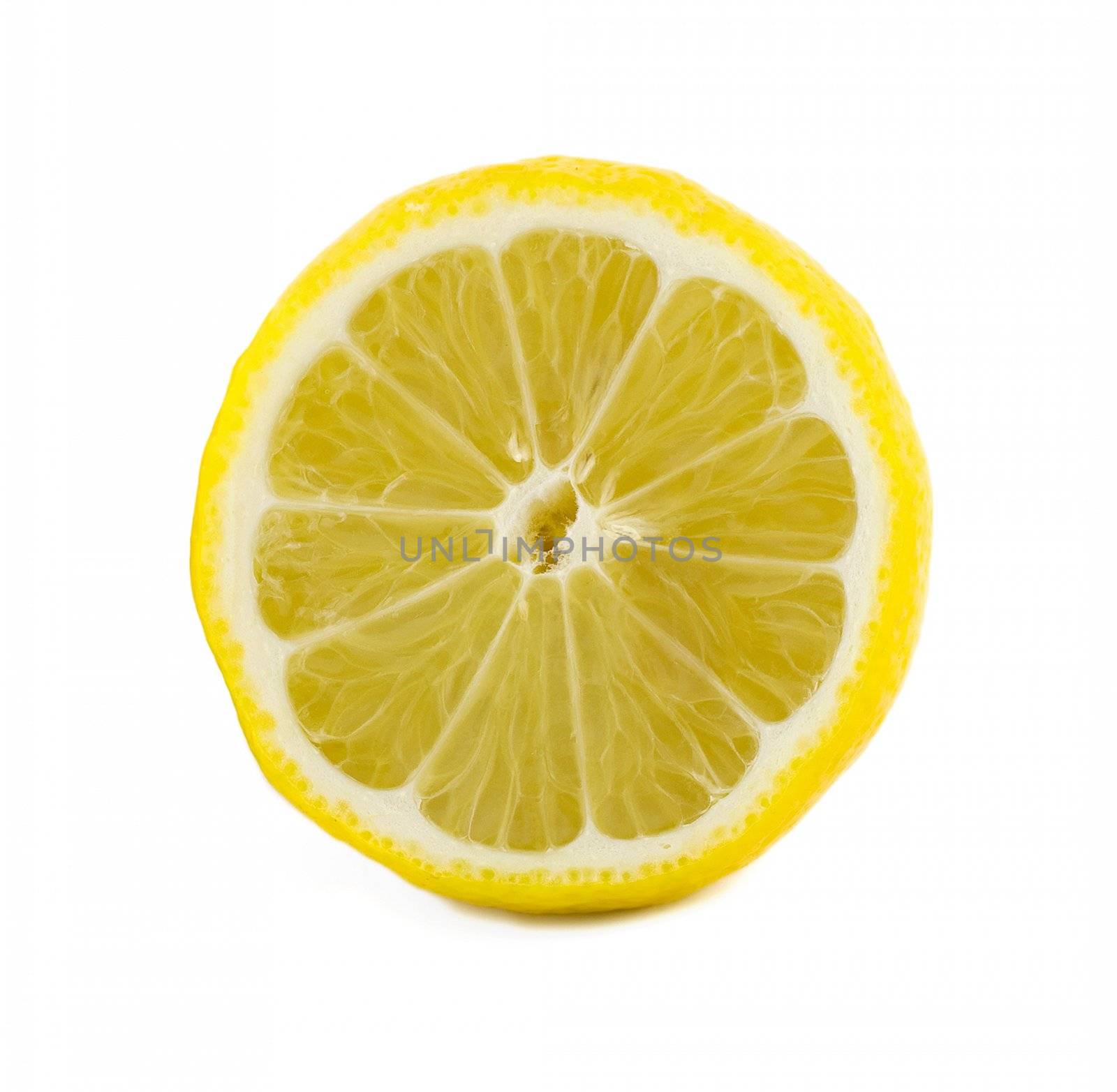 Slice of fresh lemon isolated on white background by ozaiachin