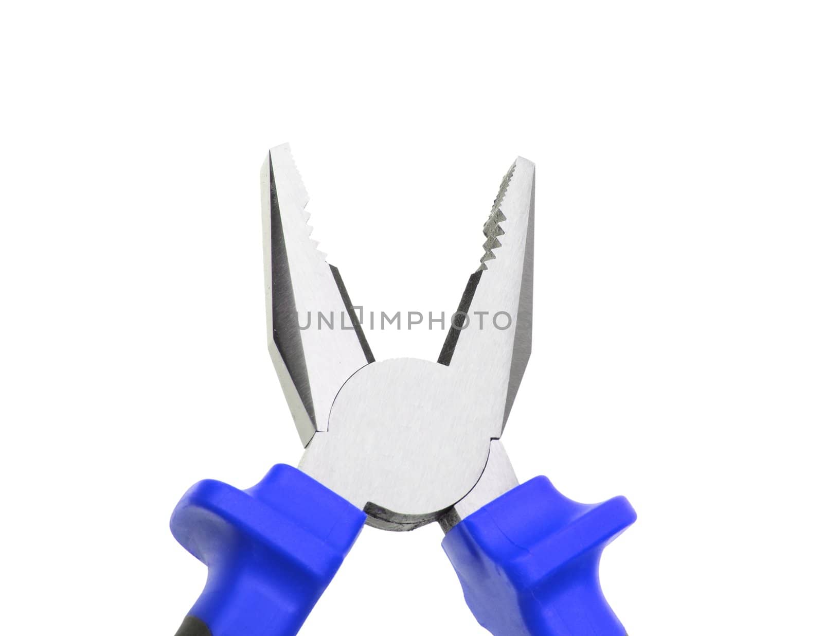 Part of red pliers. New condition. Close-up. Isolated on white background.