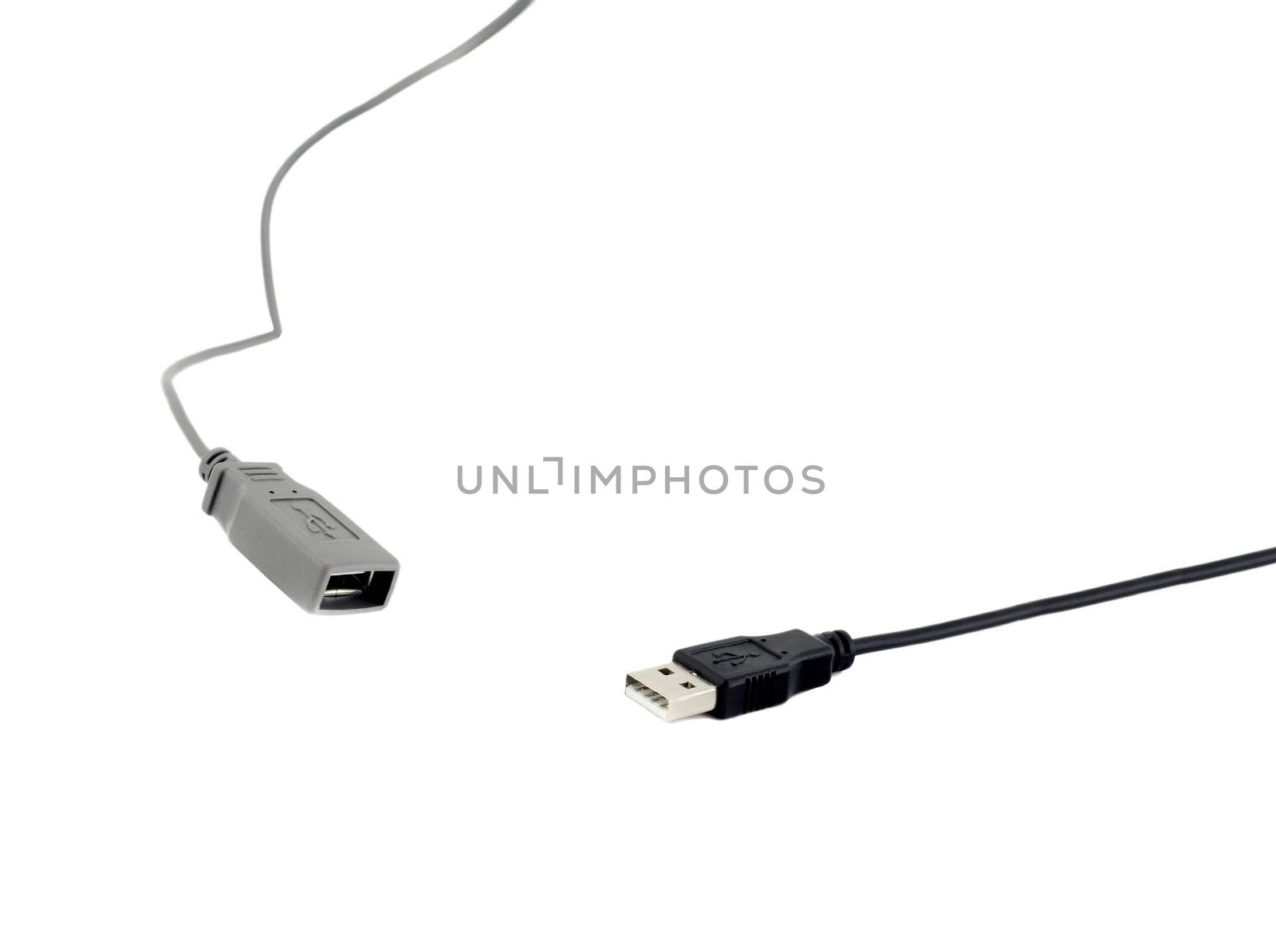 Isolated black and white USB cables on white background.