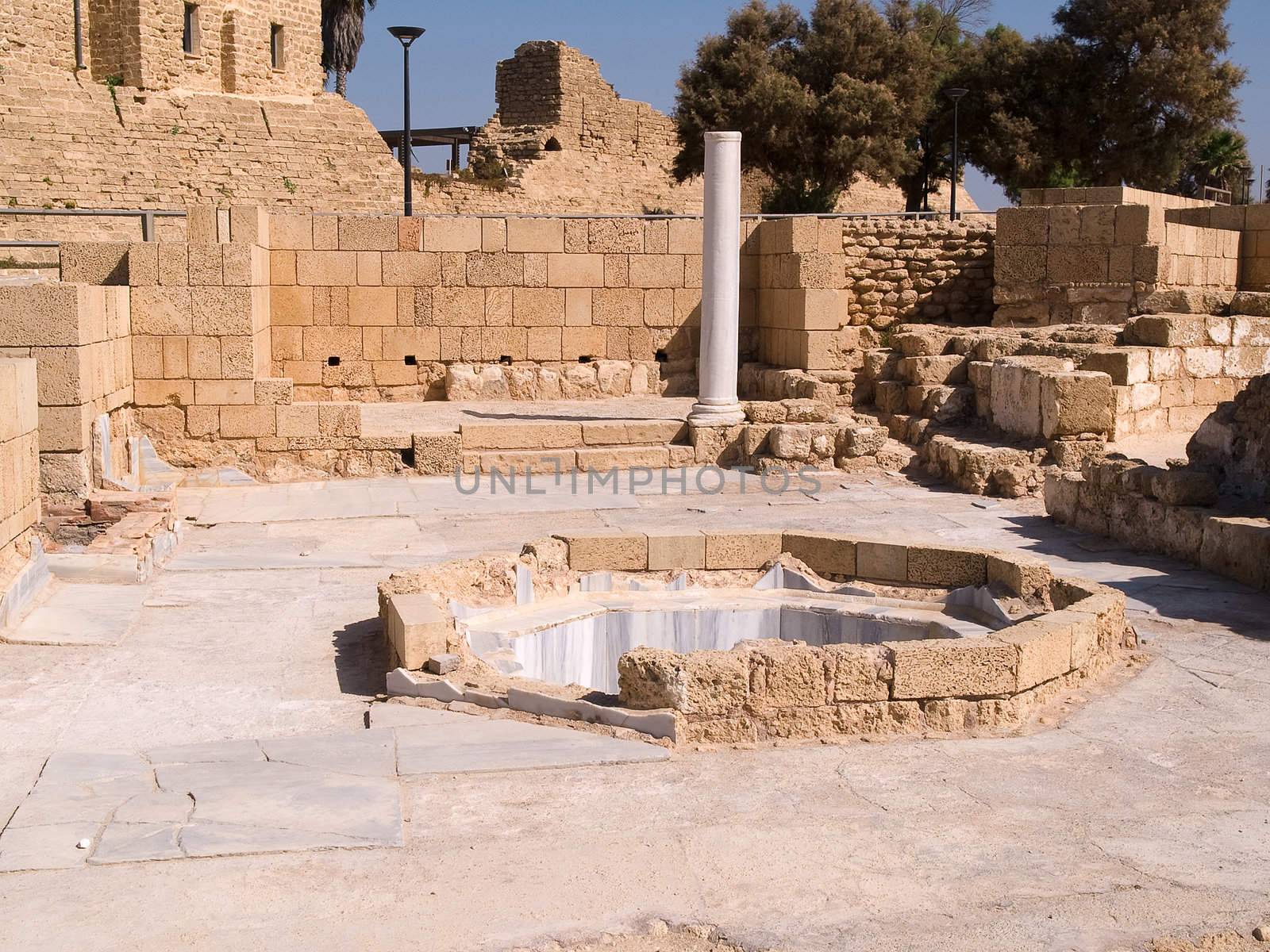 The old city of Caesarea Israe details of a marble public hot bath