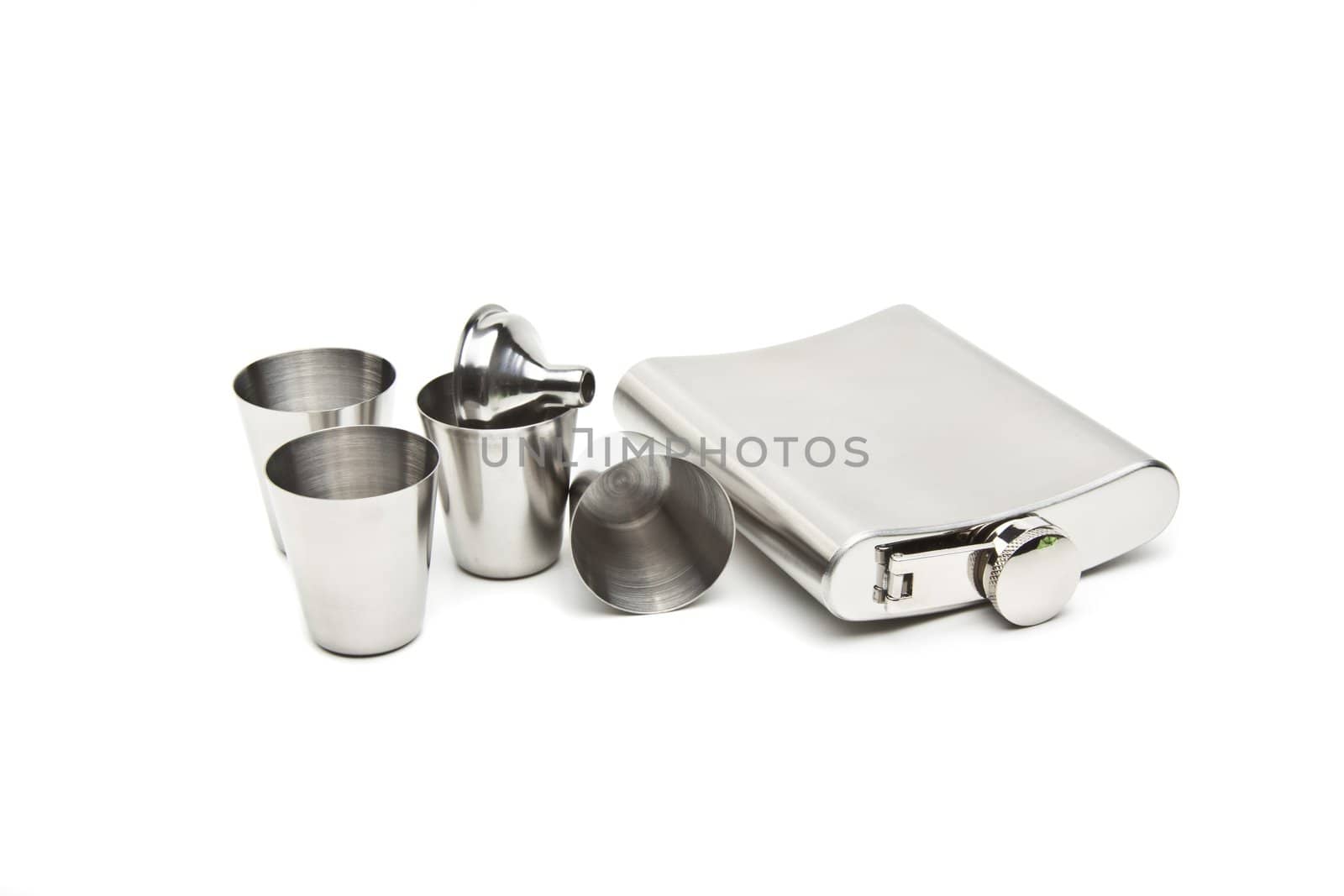 Hip flask and cups with white background