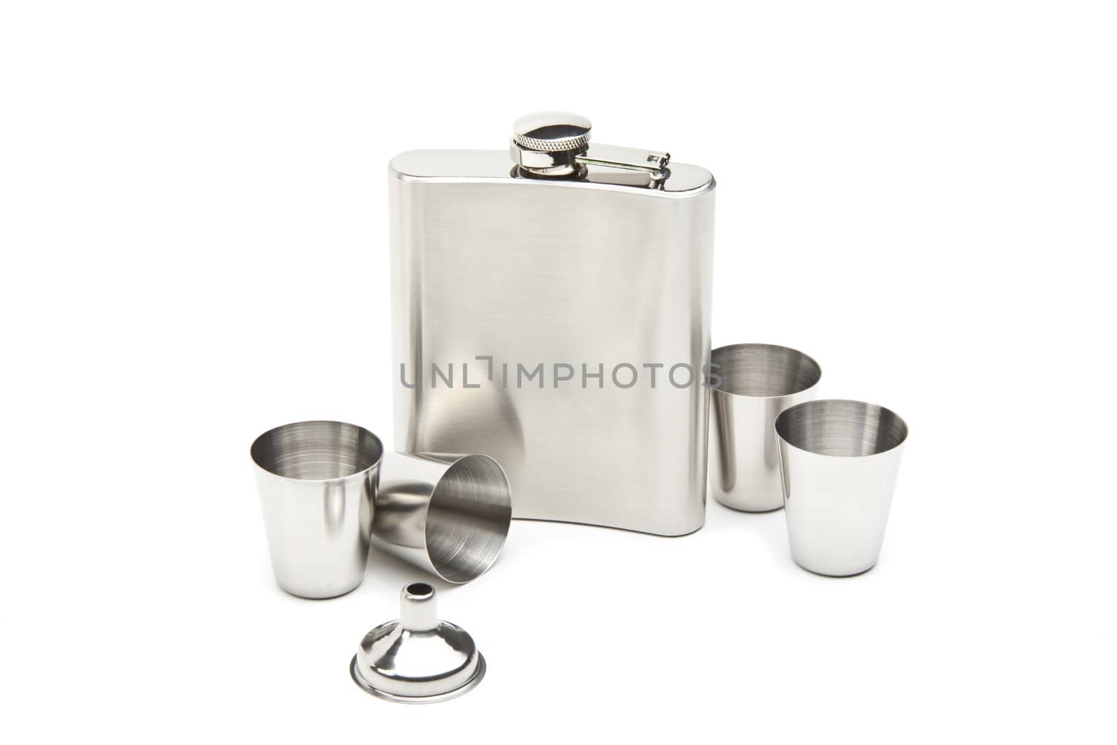 Hip flask and cups with white background by ozaiachin