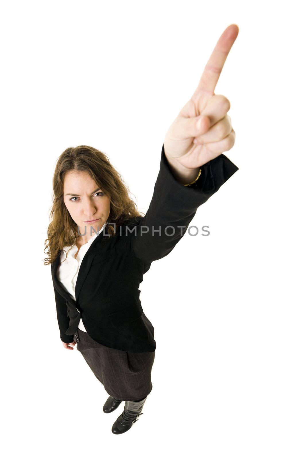 Pointing woman isolated on white background