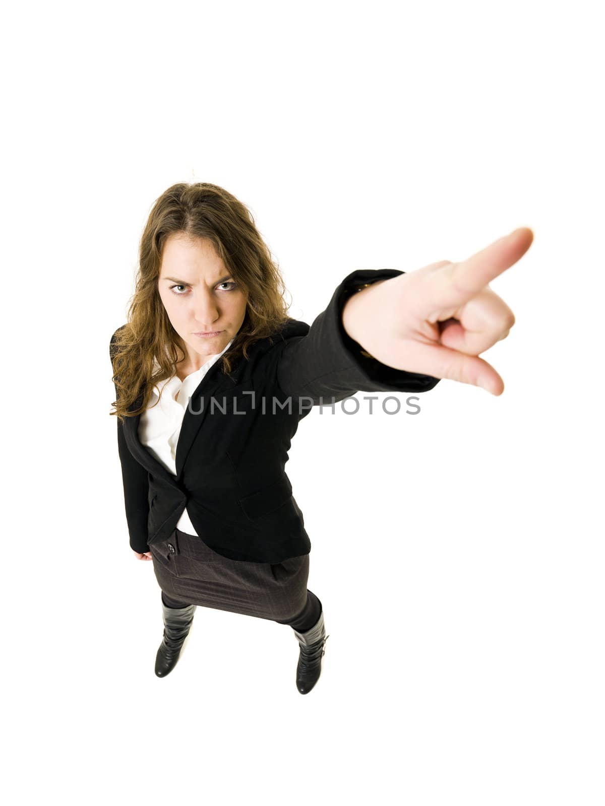 Pointing woman isolated on white background