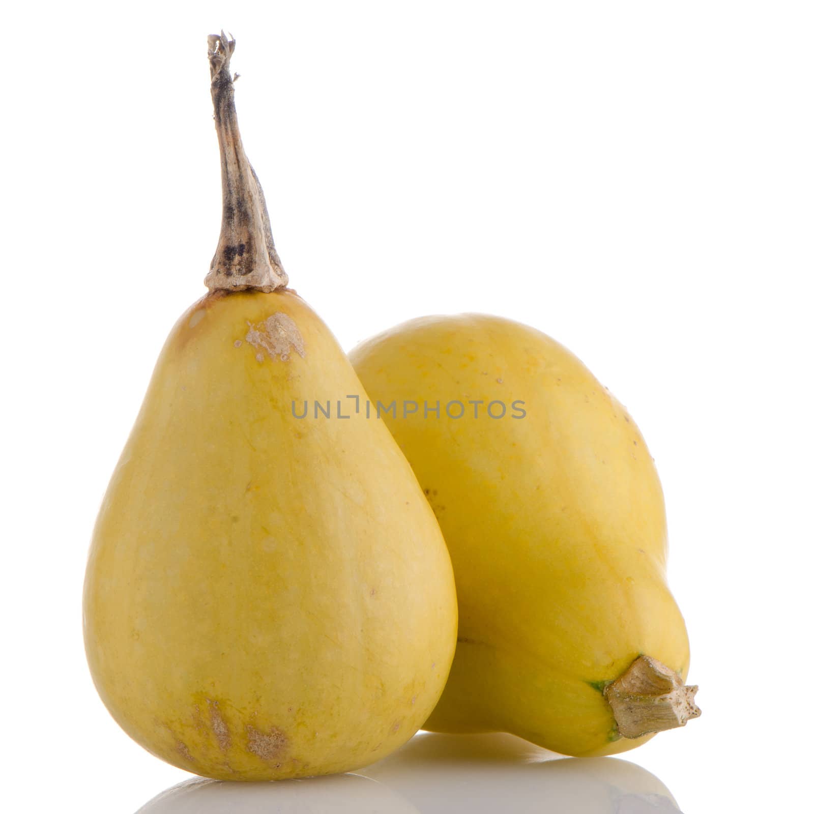 Closeup detail of yellow pumpkins on white reflective background.