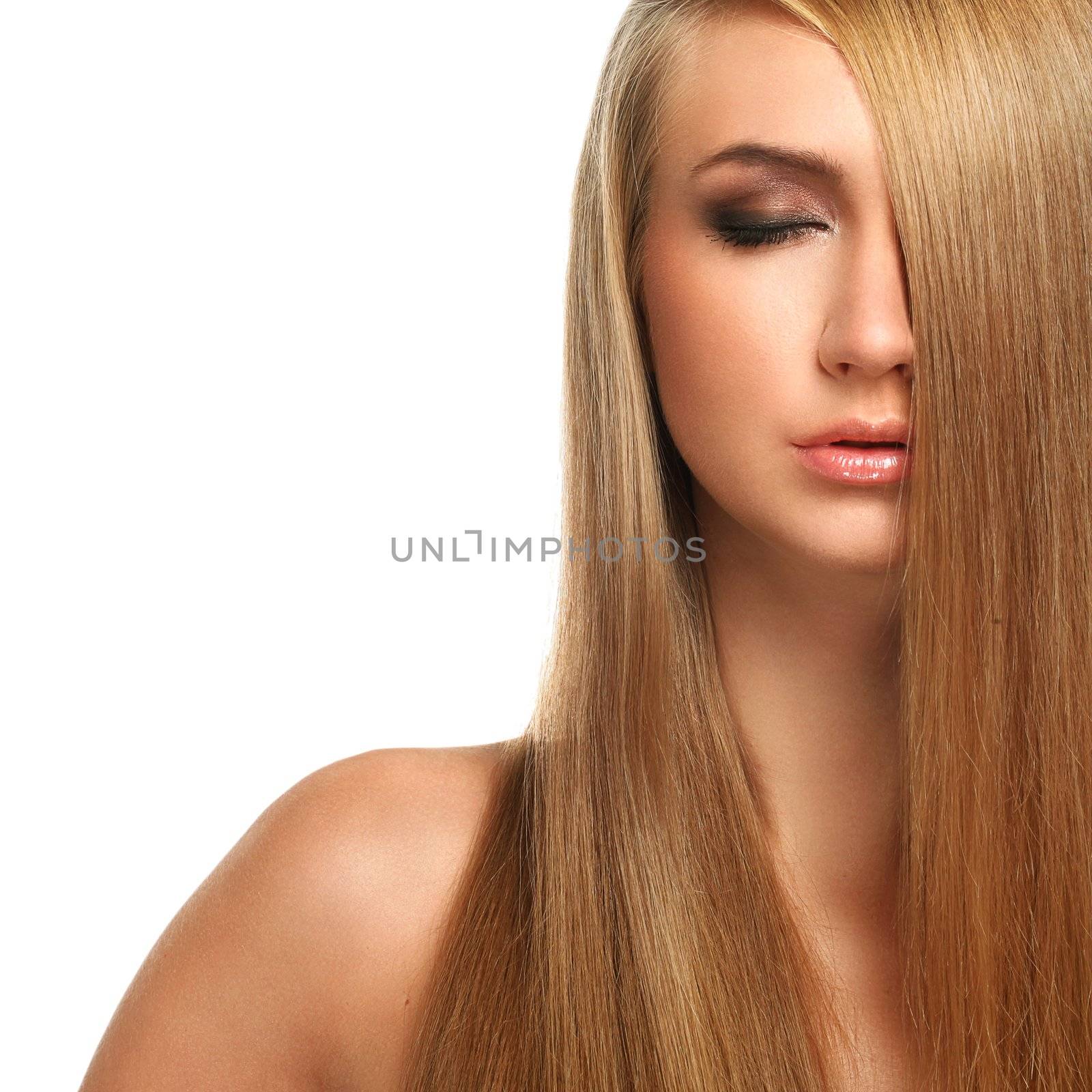 Caucasian woman with long beautiful blond hair isolated over white background