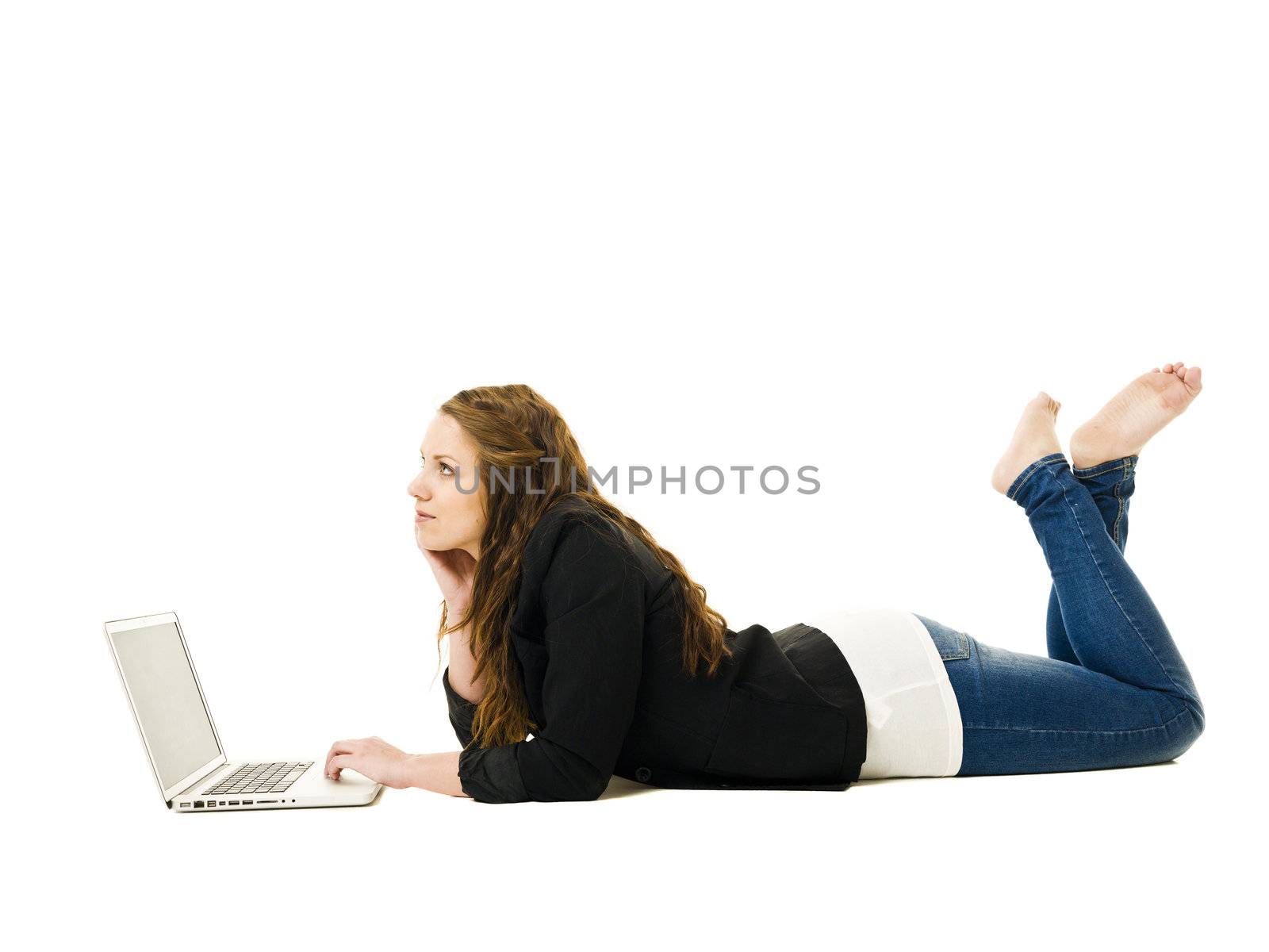 Woman with a laptop isolated on white background