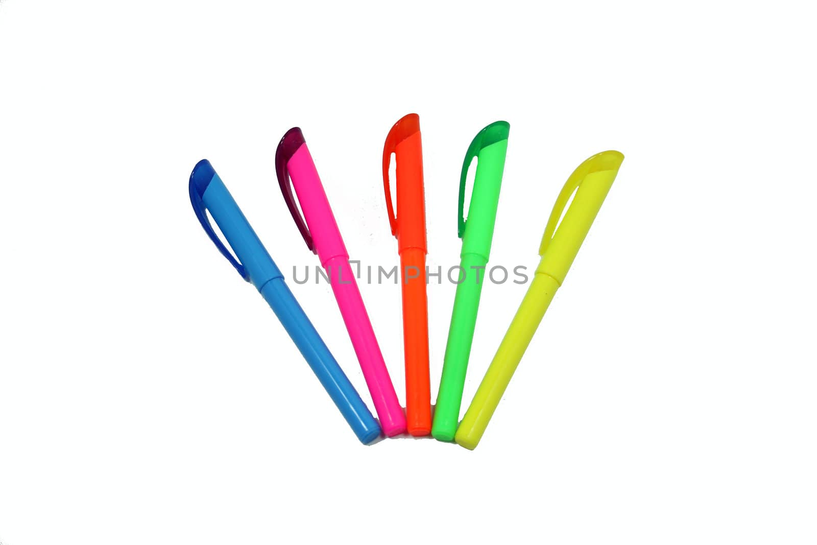 Assortment of five different colored office highlighters