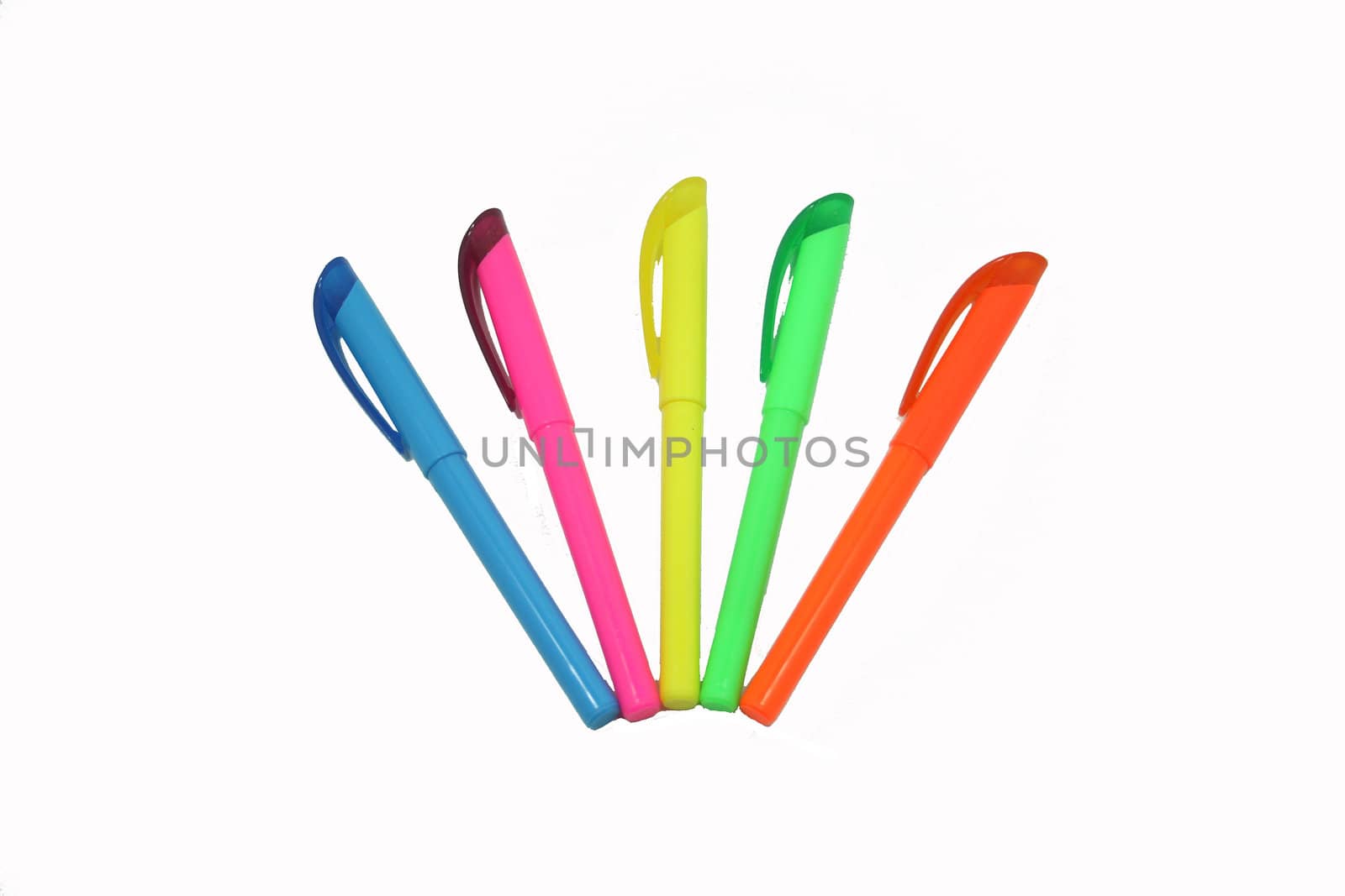 Assortment of five different colored office highlighters