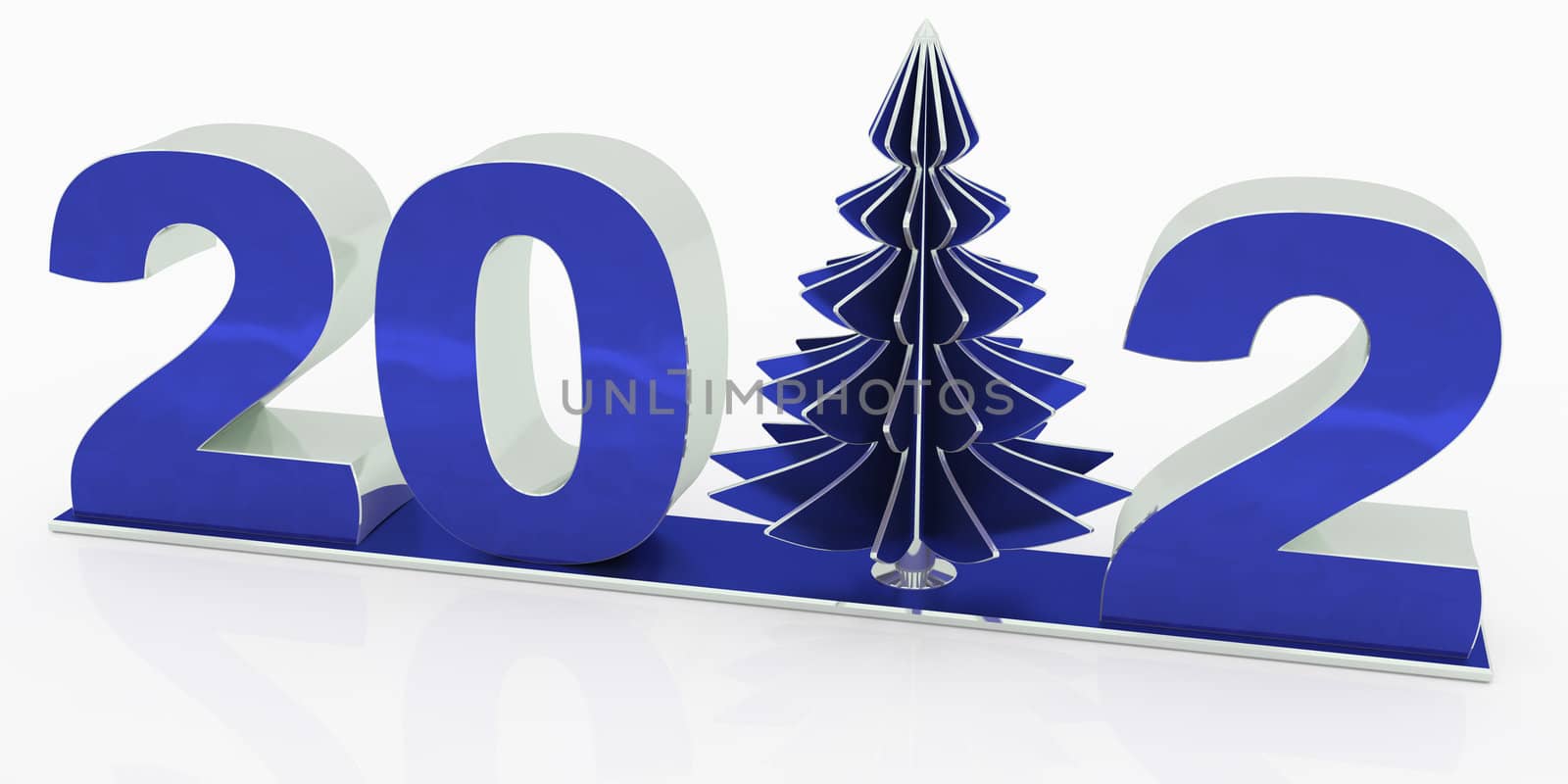 3d numerals "2012" of blue metallic and silver on pedestal. Numeral "1" replaced with christmas tree.