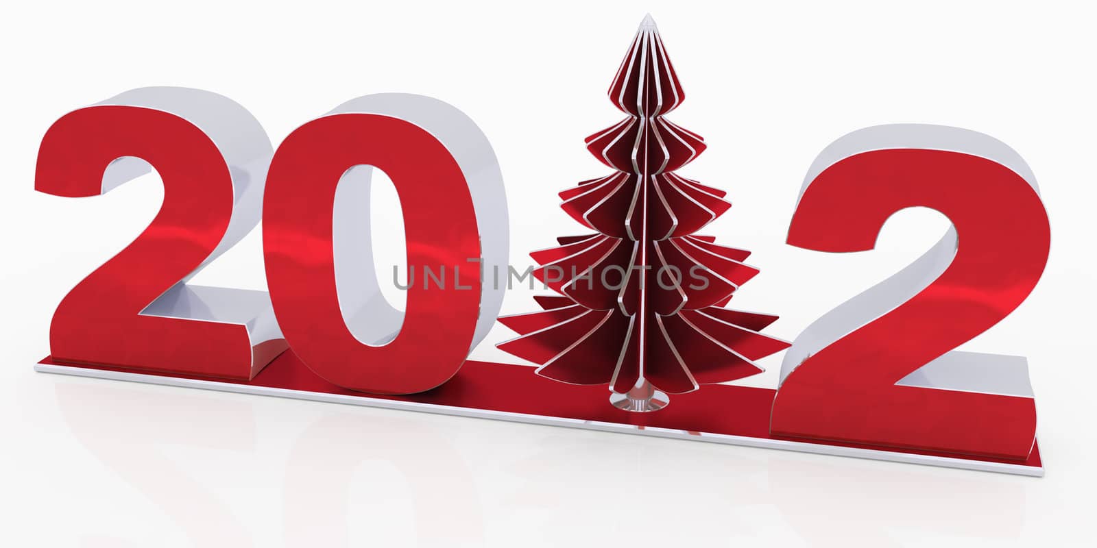 3d numerals "2012" of red metallic and silver on pedestal. Numeral "1" replaced with christmas tree.
