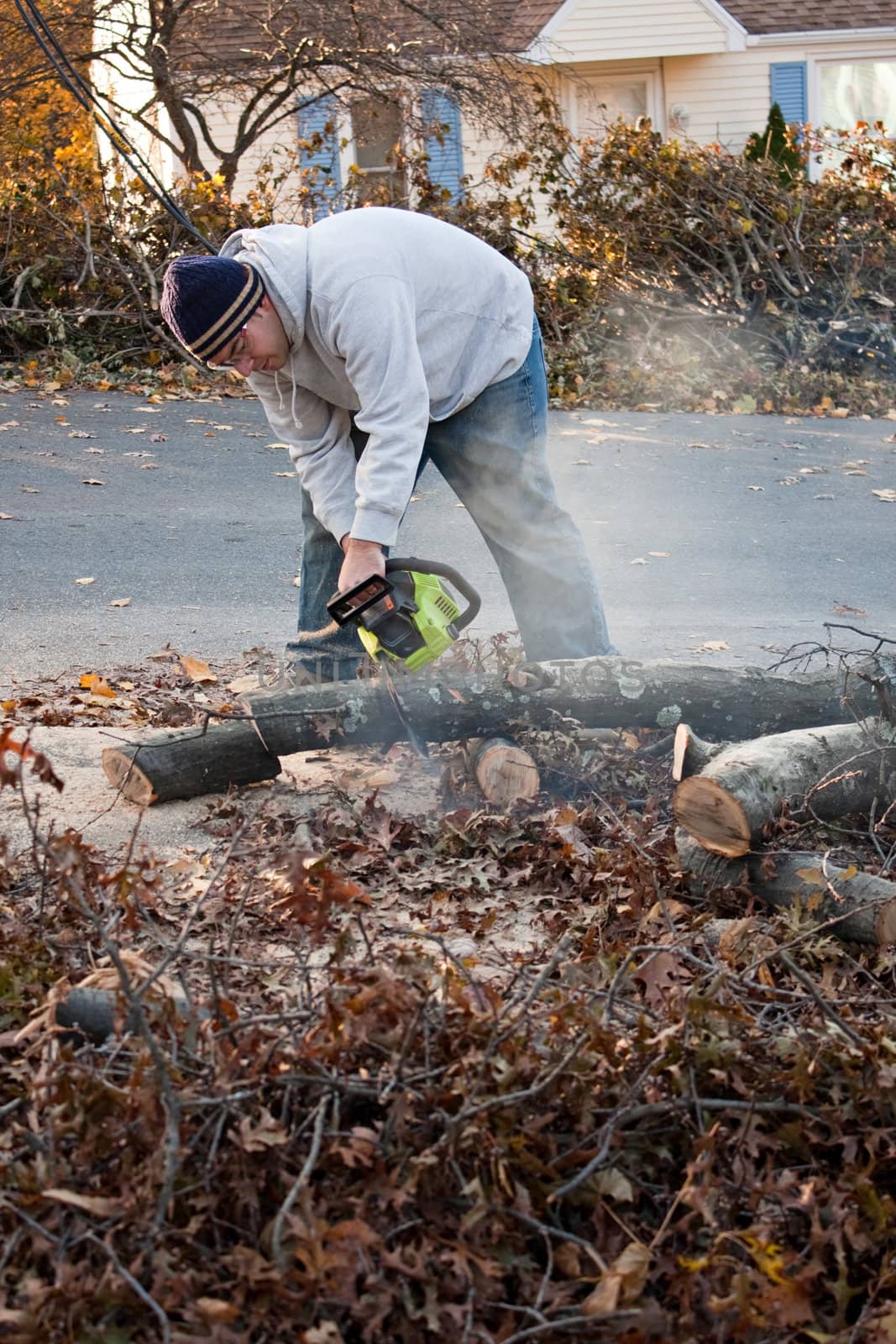Man Cuts Tree Limbs with a Chainsaw by graficallyminded