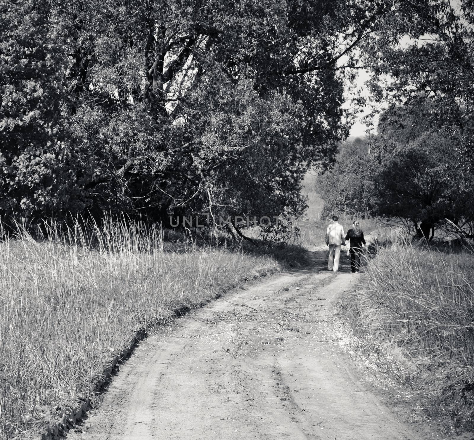 Young anonymous couple taking a walk on nature