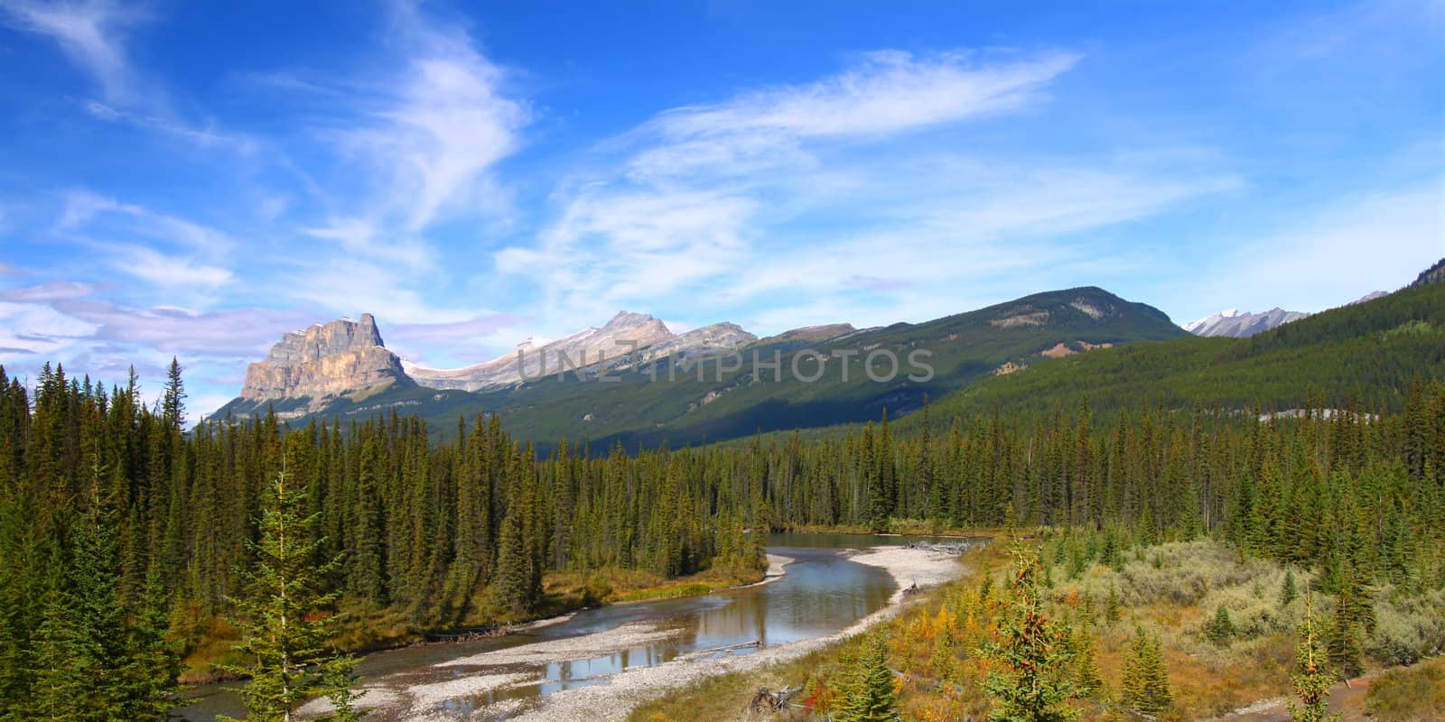 Bow River with Castle Mountain seen in the background at Banff National Park - Canada.
