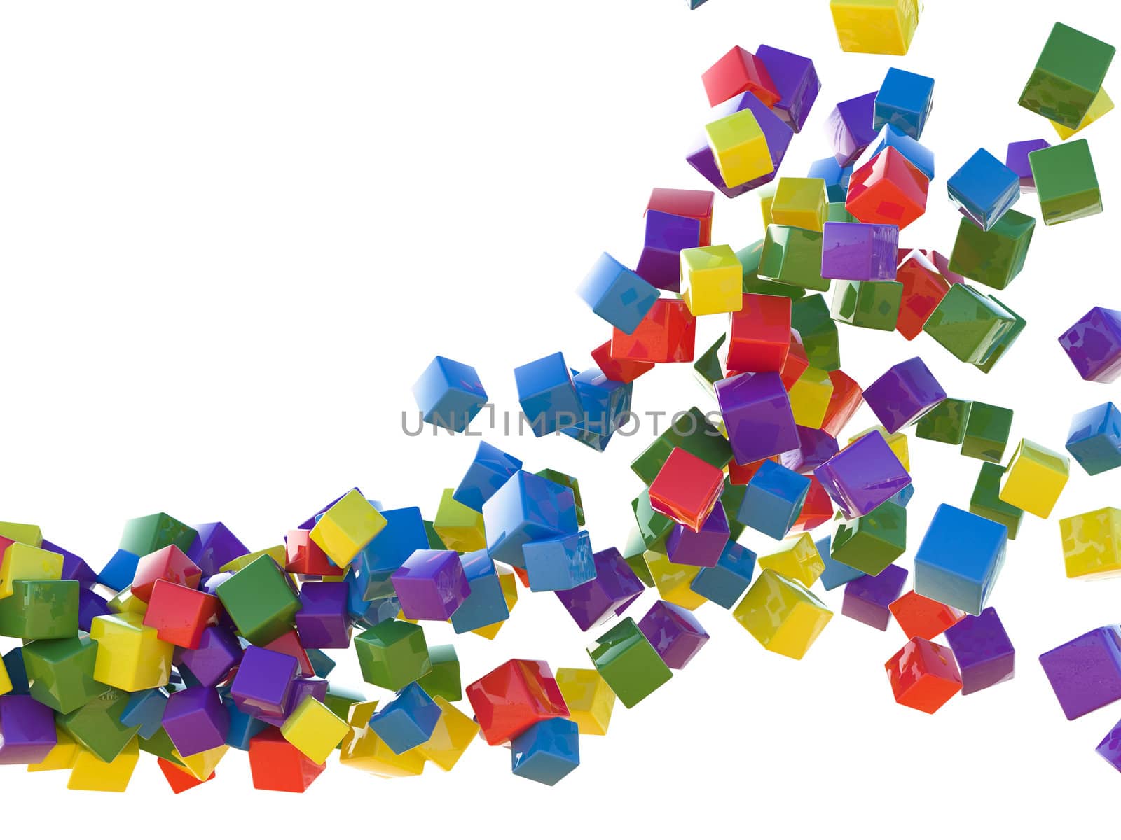 A lot of colorful cubes are flying on a white background