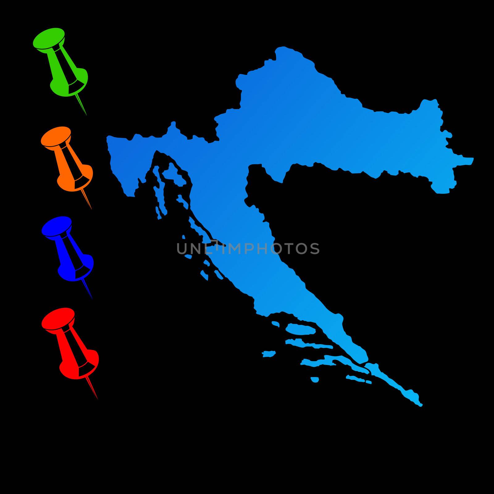 Croatia travel map with push pins on black background.