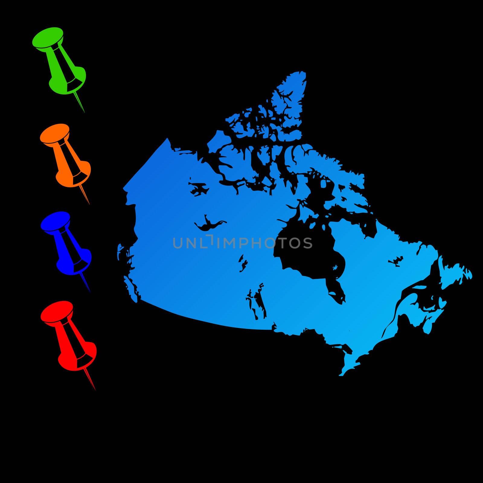 Canada travel map with push pins on black background.