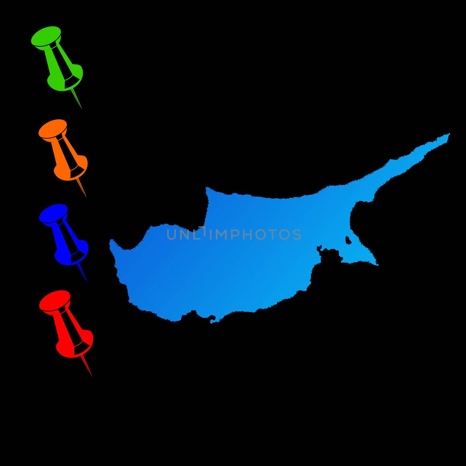 Cyprus travel map with push pins on black background.