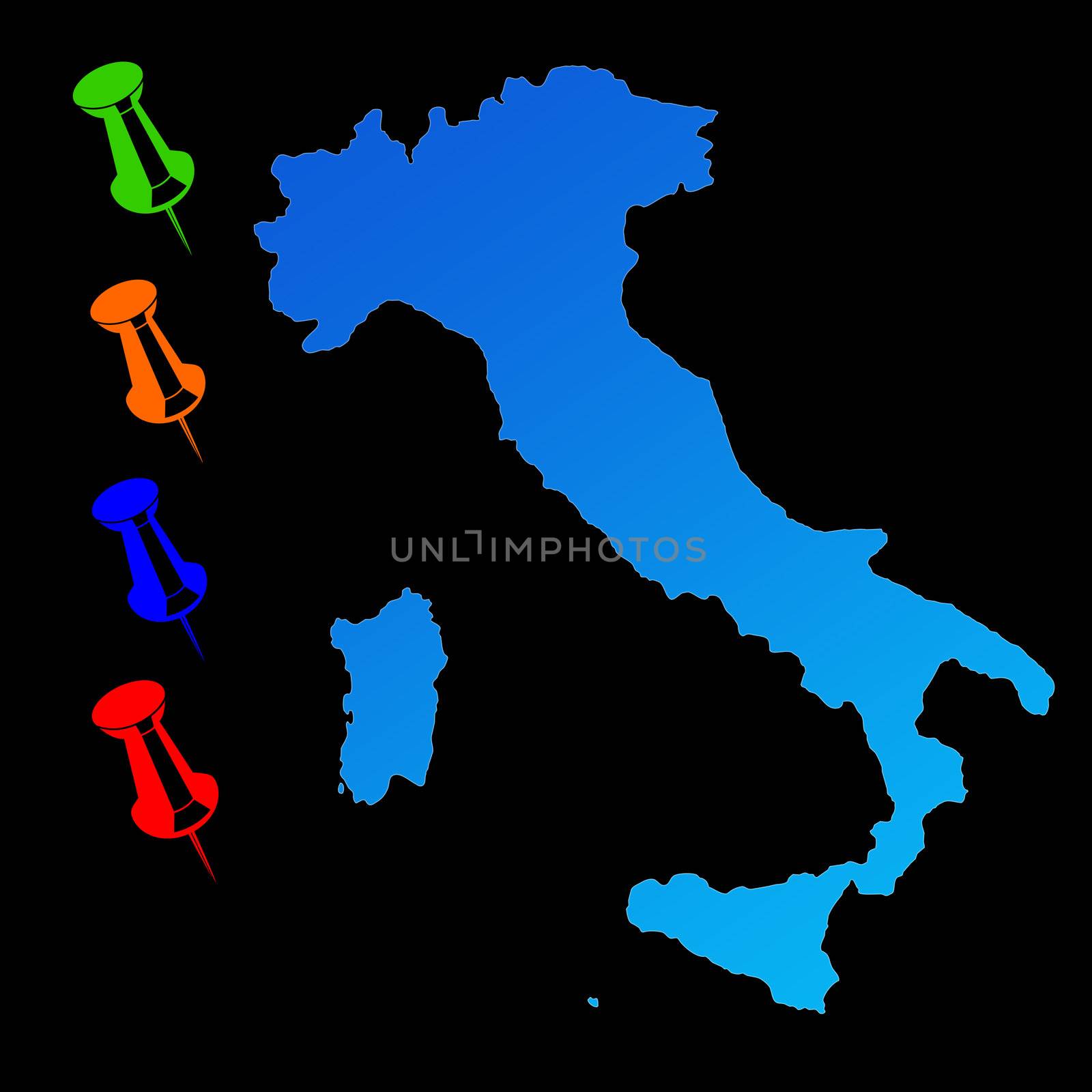 Italy travel map with push pins on black background.