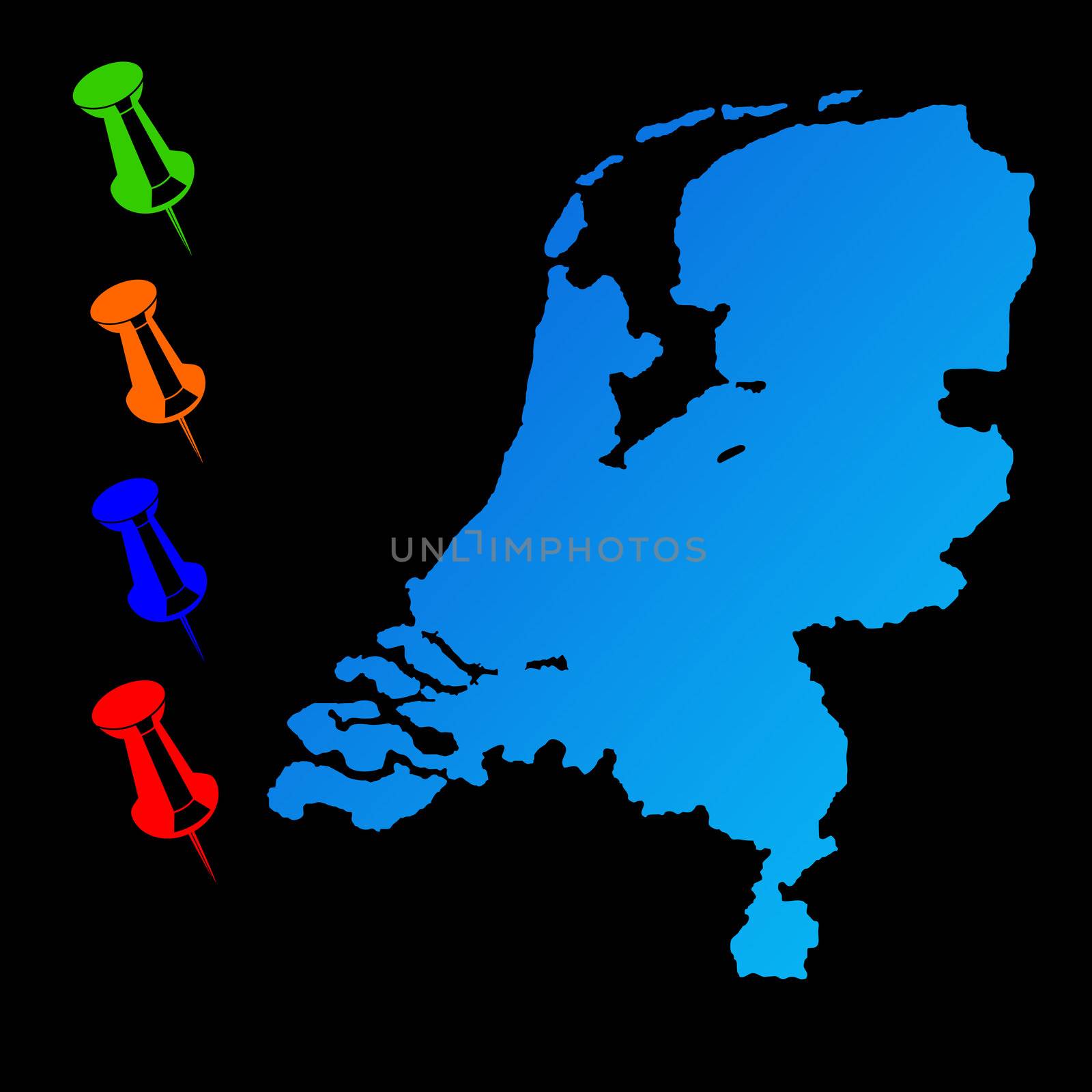Netherlands travel map with push pins on black background.