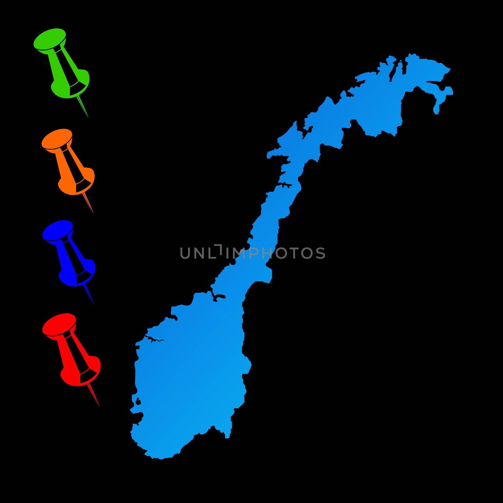 Norway travel map with push pins on black background.