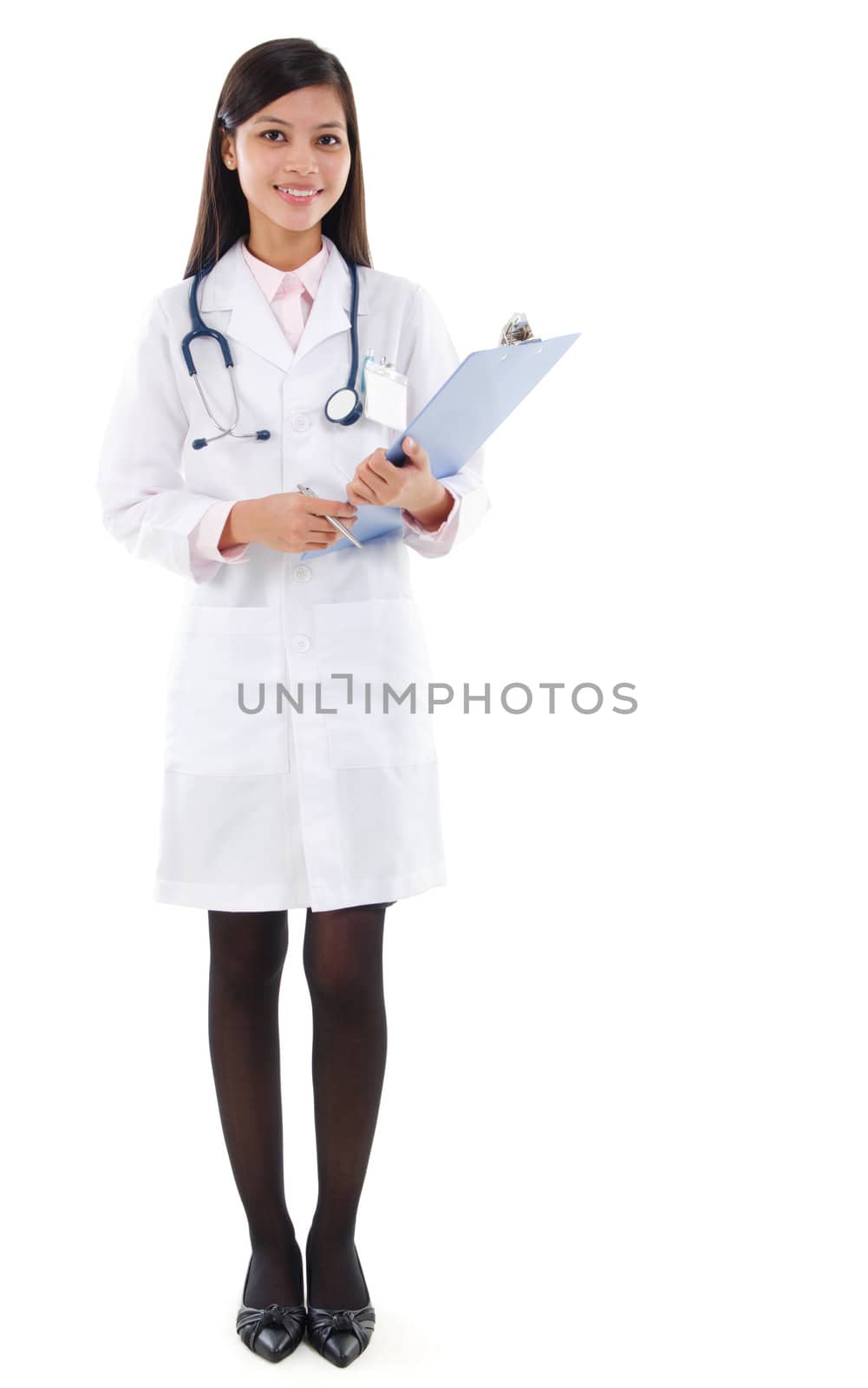Full body Southeast Asian female medical doctor holding a clipboard standing isolated on white background.