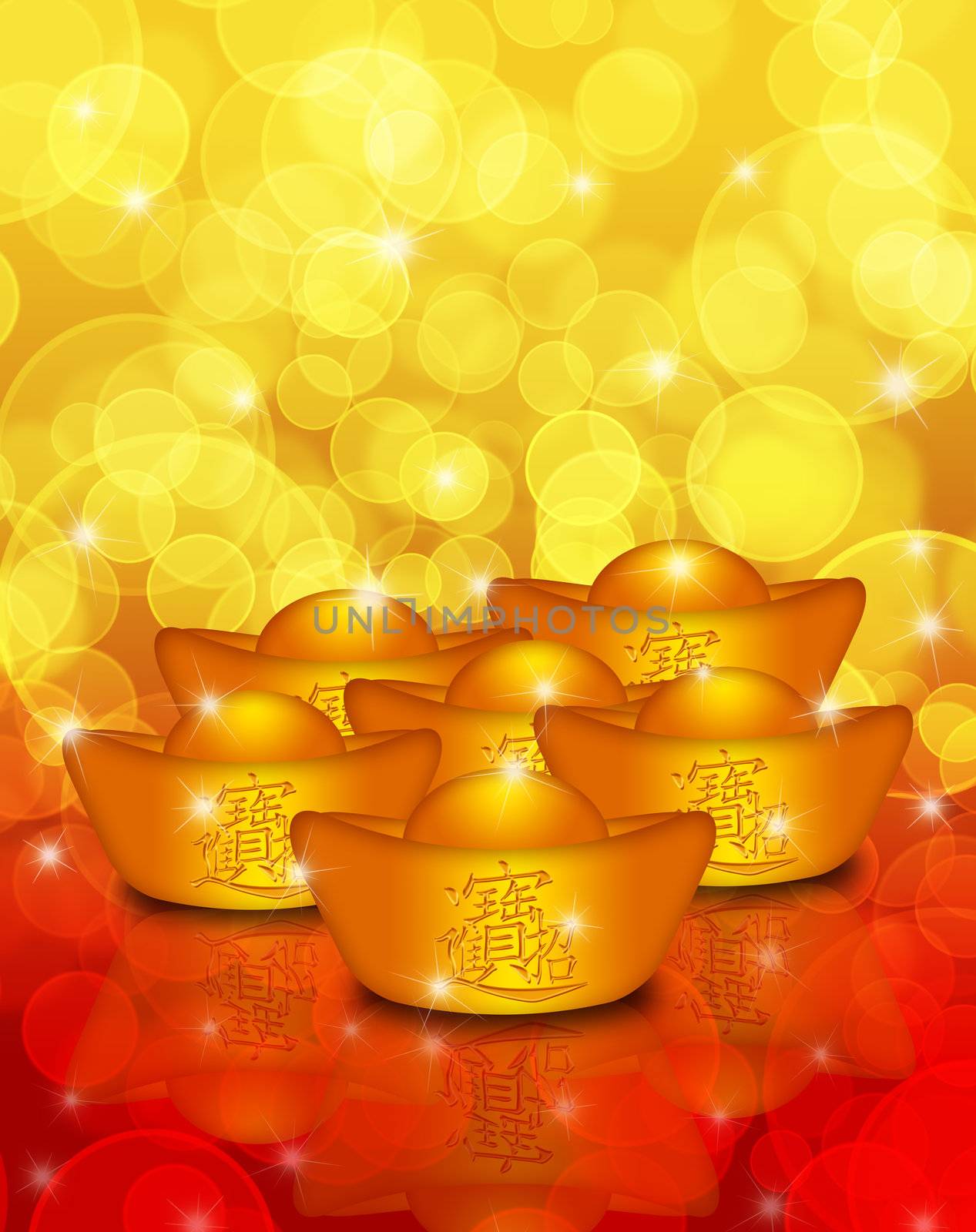 Chinese Gold Bars with Text Bringing in Wealth and Treasure on Blurred Background Illustration