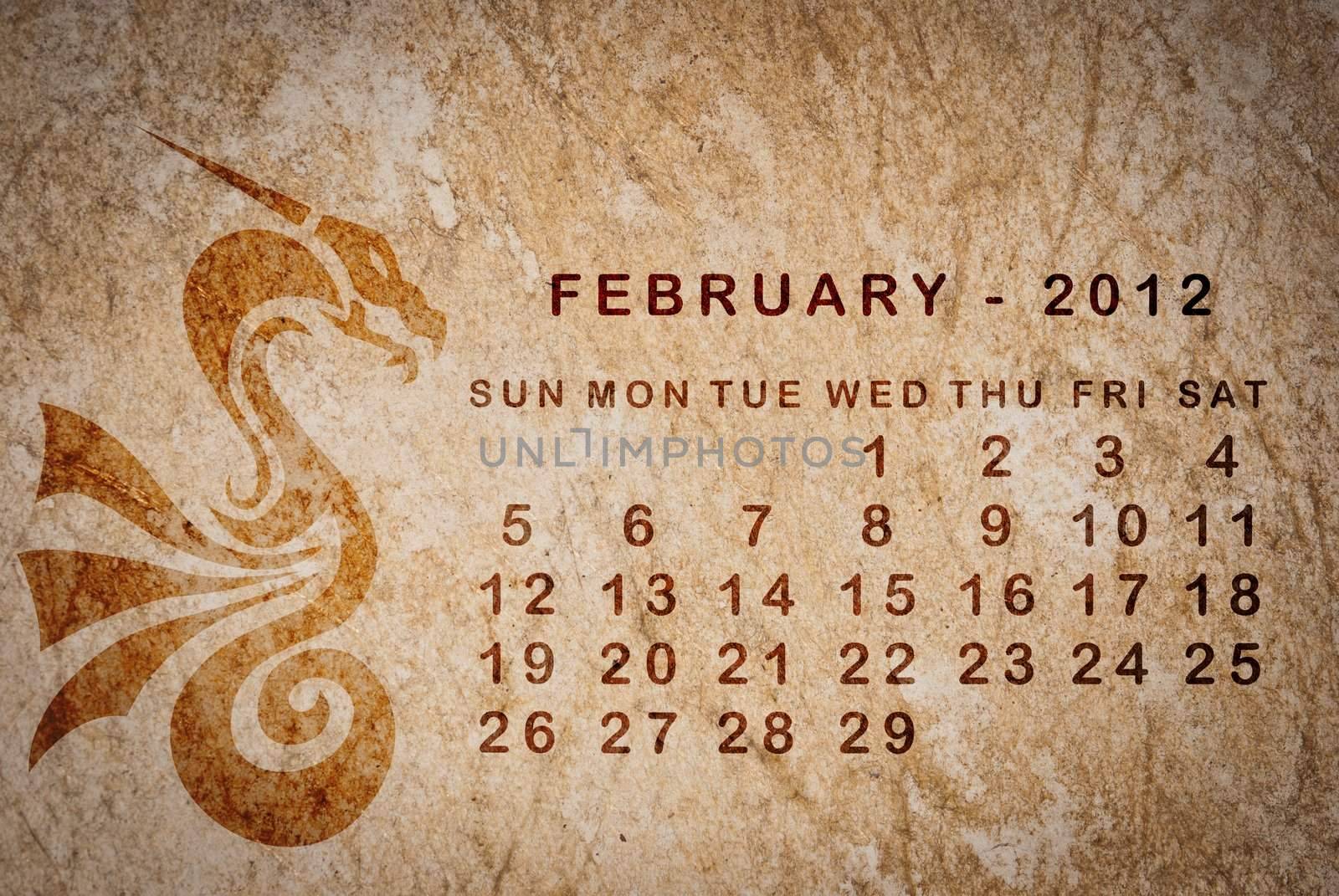 2012 year of the Dragon calendar on old vintage paper, February