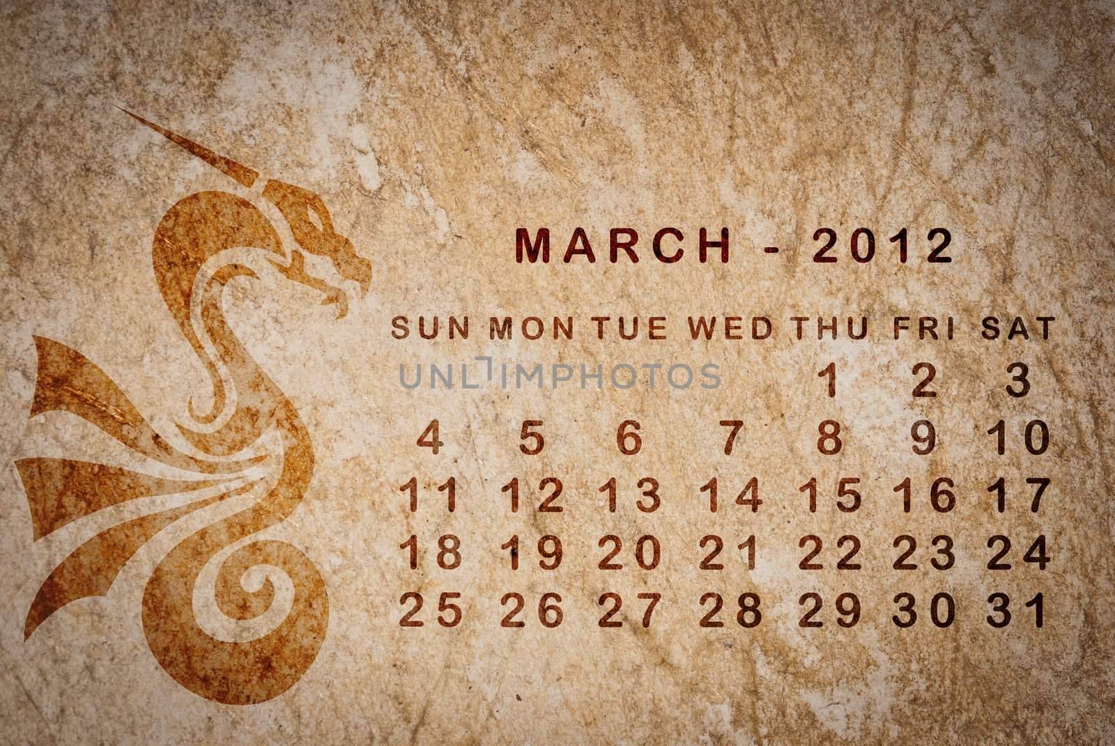 2012 year of the Dragon calendar on old vintage paper, March