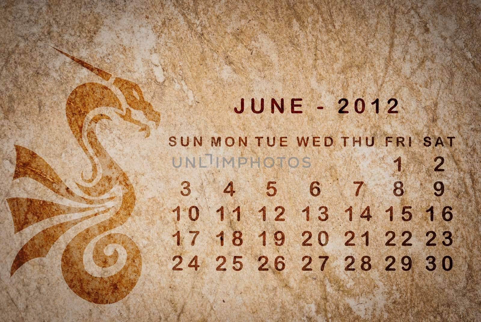 2012 year of the Dragon calendar on old vintage paper, June