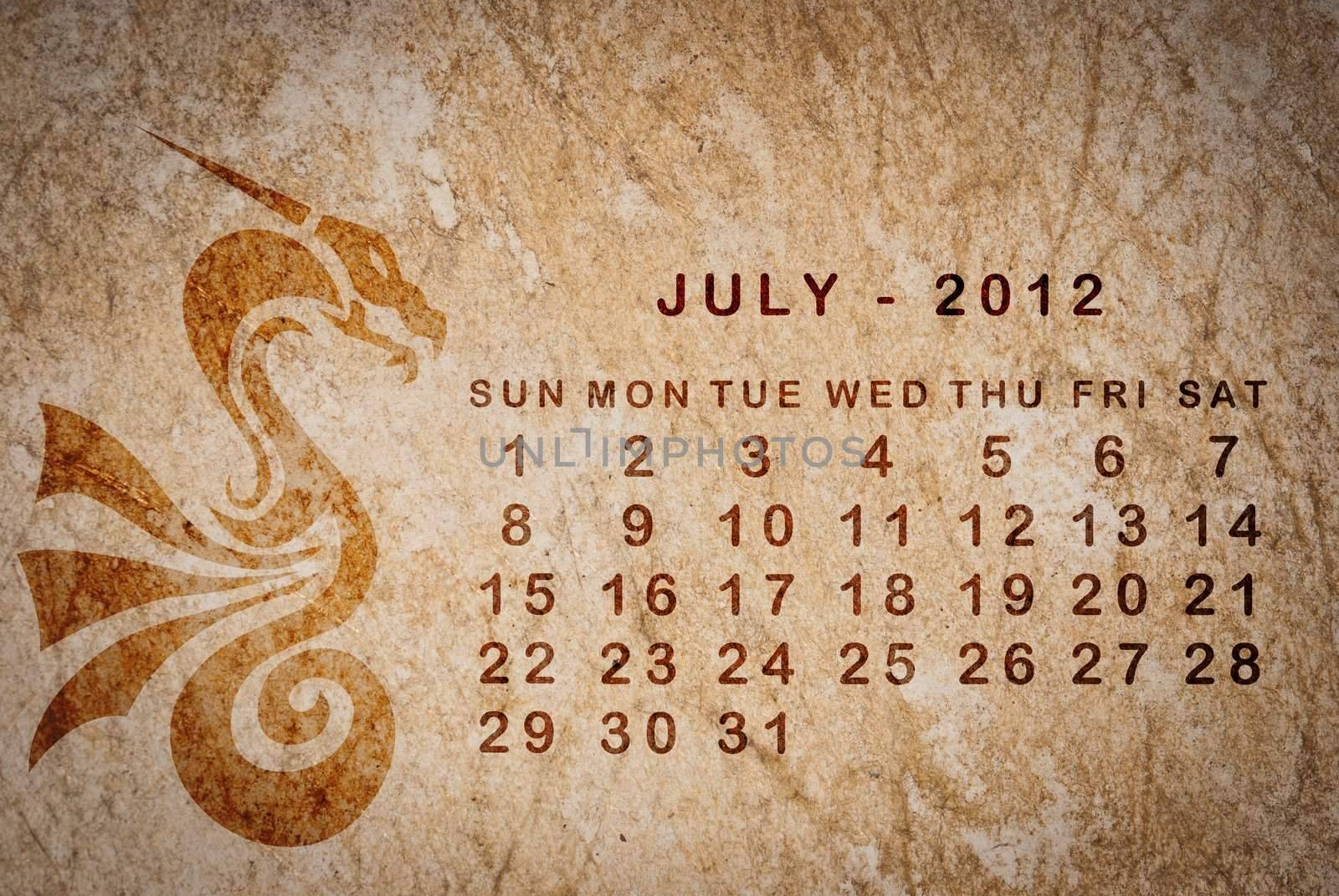 2012 year of the Dragon calendar on old vintage paper, July