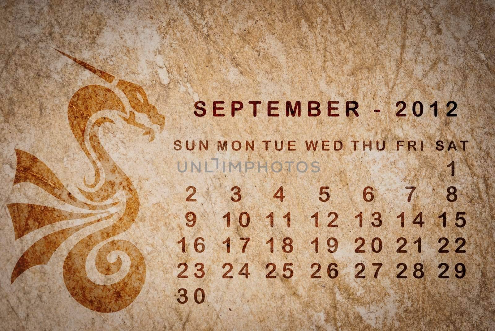 2012 year of the Dragon calendar on old vintage paper, September