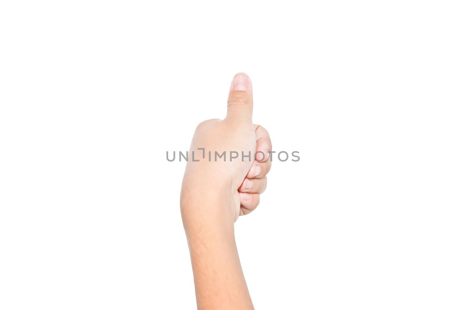 Children hand pressing down on white wall, isolated with white background

