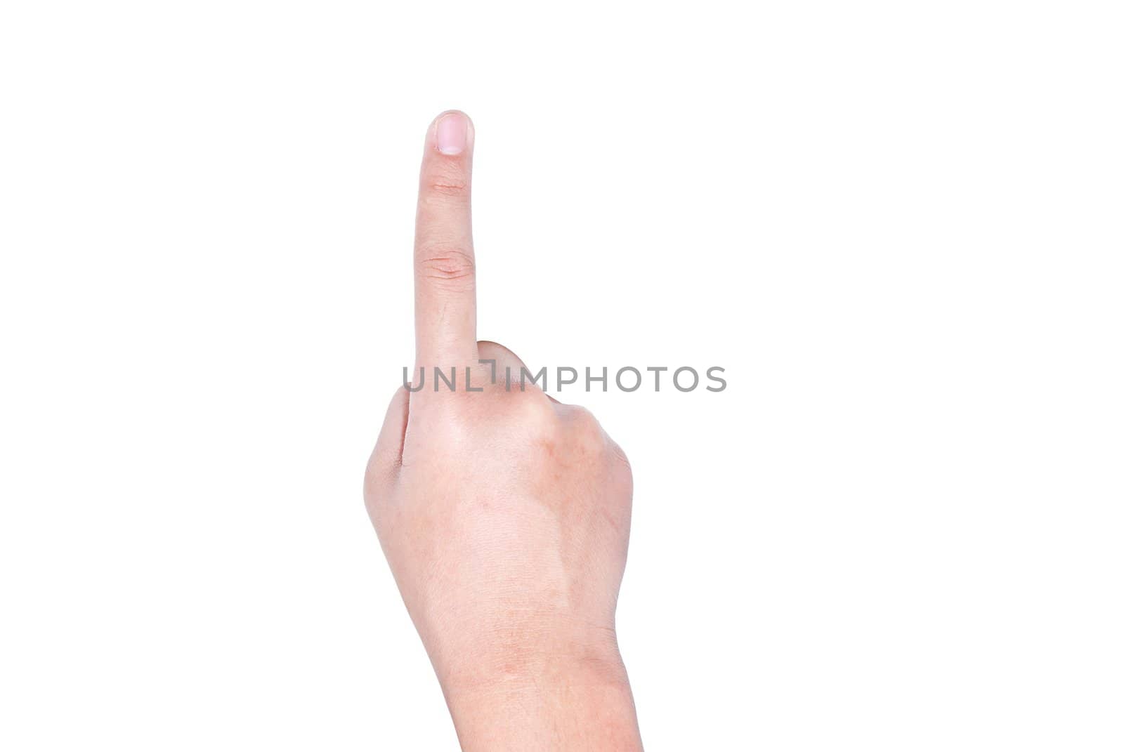 Children hand pressing down on white wall, isolated with white background
