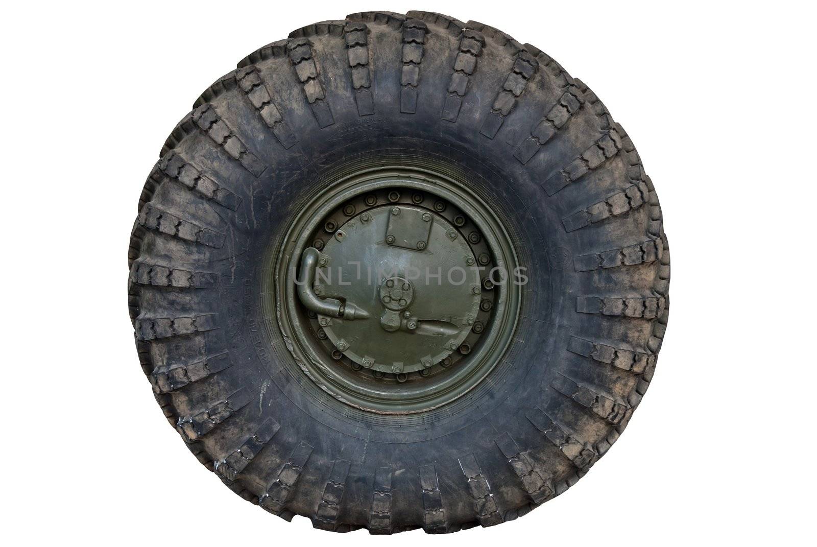 Old russian military tire on isolated white background.